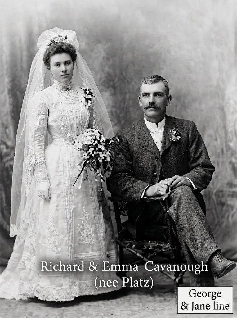 George Cavanough & Jane Gosper line
Richard Callaby CAVANOUGH was born in 1873 in Gunnedah, Nsw and died on 17 Jul 1943 in Morningside, Brisbane, Qld at age 70. Cremated Mt Thompson on 19 Jul 1943. Richard married Emma PLATZ on 20 Aug 1902 in Aubigne