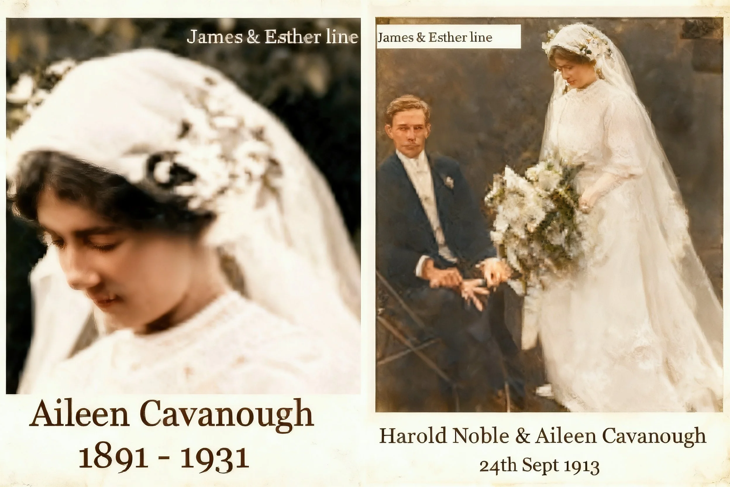 James Cavanough & Esther Huxley line
Aileen CAVANOUGH was born on 24 Nov 1891 in St George, Qld, and died on 22 Sep 1931 in Burwwod, Nsw at age 39. Aileen married Harold John NOBLE, the son of John NOBLE and Jemima LEWIS, on 24 Sep 1913 in Toowoomba,