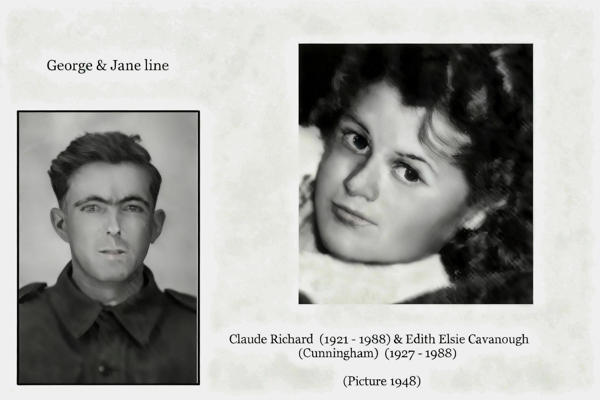 Claude Richard CAVANOUGH was born on 29 Mar 1921 in Woy Woy, died on 14 Sep 1988 in Sydney, Nsw at age 67, and was buried in Pine Grove Eastern Creek. Known as Michael. 1970 Press photographer, Melbourne, Vic. Claude married Edith Elsie CUNNINGHAM in