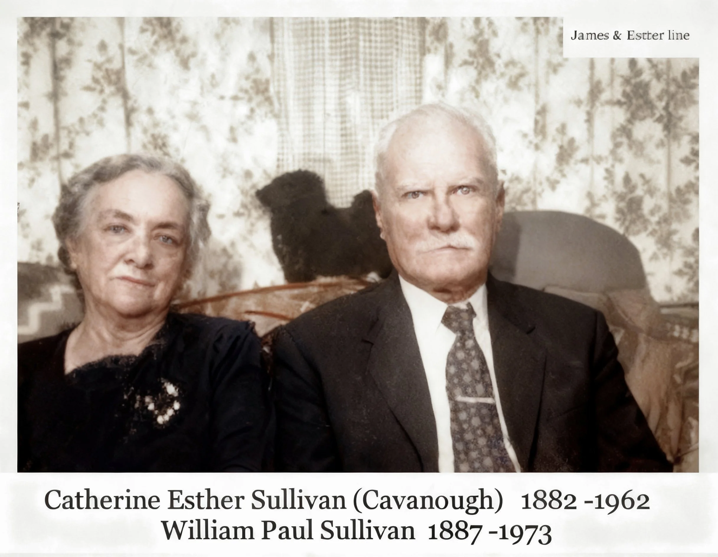 James & Esther line 
Catherine Ester CAVANOUGH was born on 16 Apr 1882 in Thargomindah, Qld. Died 16 July 1962, Eventide Homes, Sandgate. Catherine married William Paul SULLIVAN on 22 Feb 1905 in St Patrick’s, Toowoomba, Qld. William was born in 1887