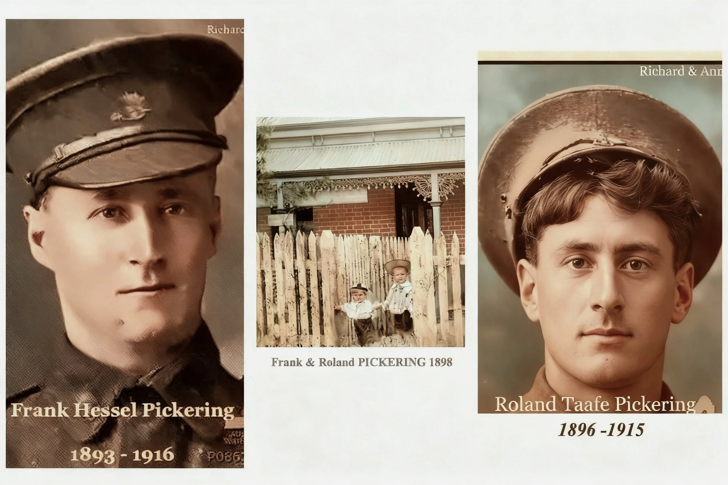 Richard  and Anne Cross line.
4-Frank Hessel PICKERING was born in 1893 in Newtown, Sydney, Nsw, and died on 24 Jul 1916 in France Poziers at age 23. WW1 plane crash while spying on German lines.
Studio portrait of 3192 Private Frank Hessell (also sp