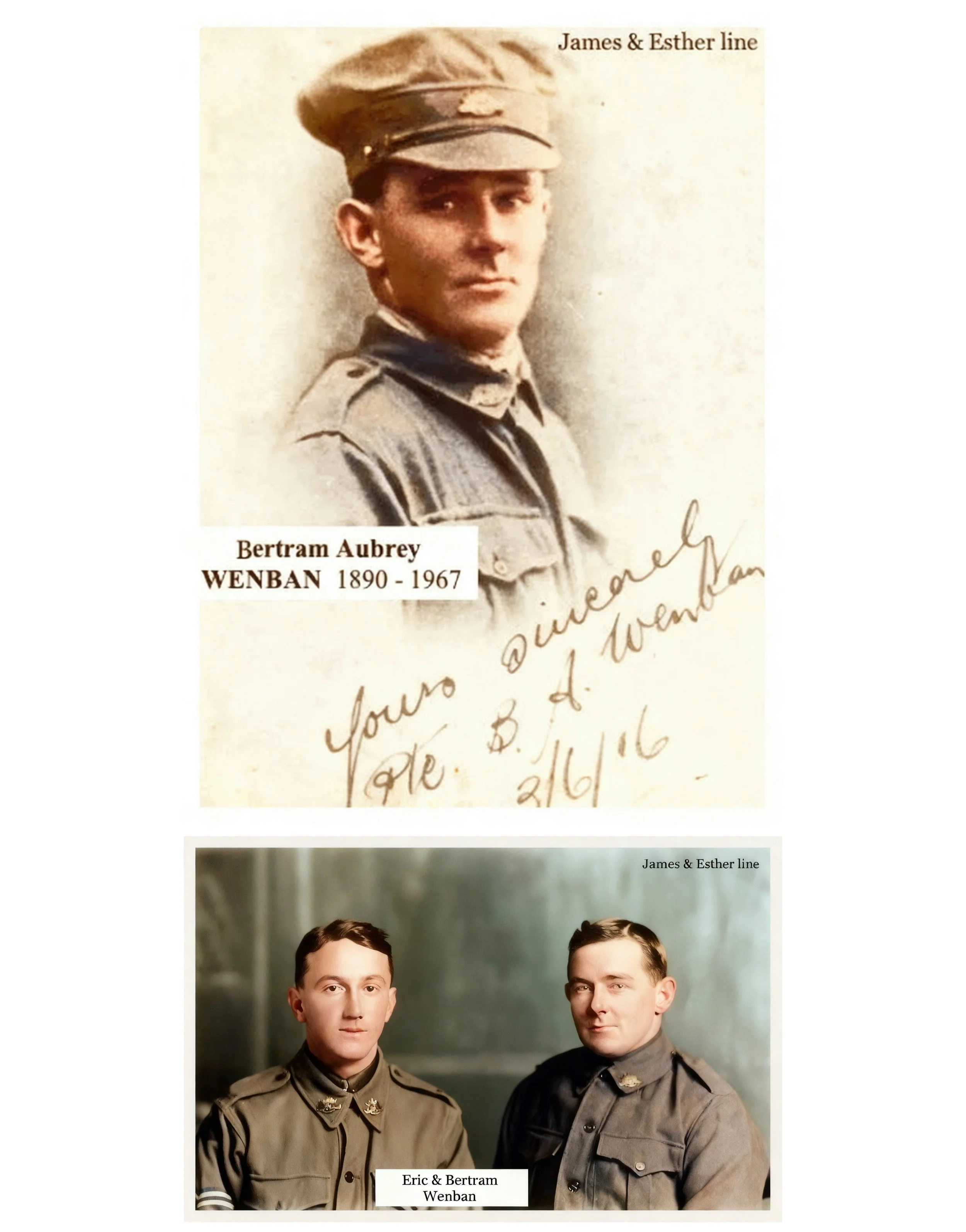 Eric and Bertram WENBAN
Bertram Aubrey WENBAN was born on 13 Jan 1890 in Millthorpe, Nsw and died on 30 Sep 1967 in Eastwood, Nsw at age 77. Cremated Orange, Nsw. Bertram married  Frances Emily Woodlawn OLDHAM on 25 Apr 1925. Frances was born on 22 J