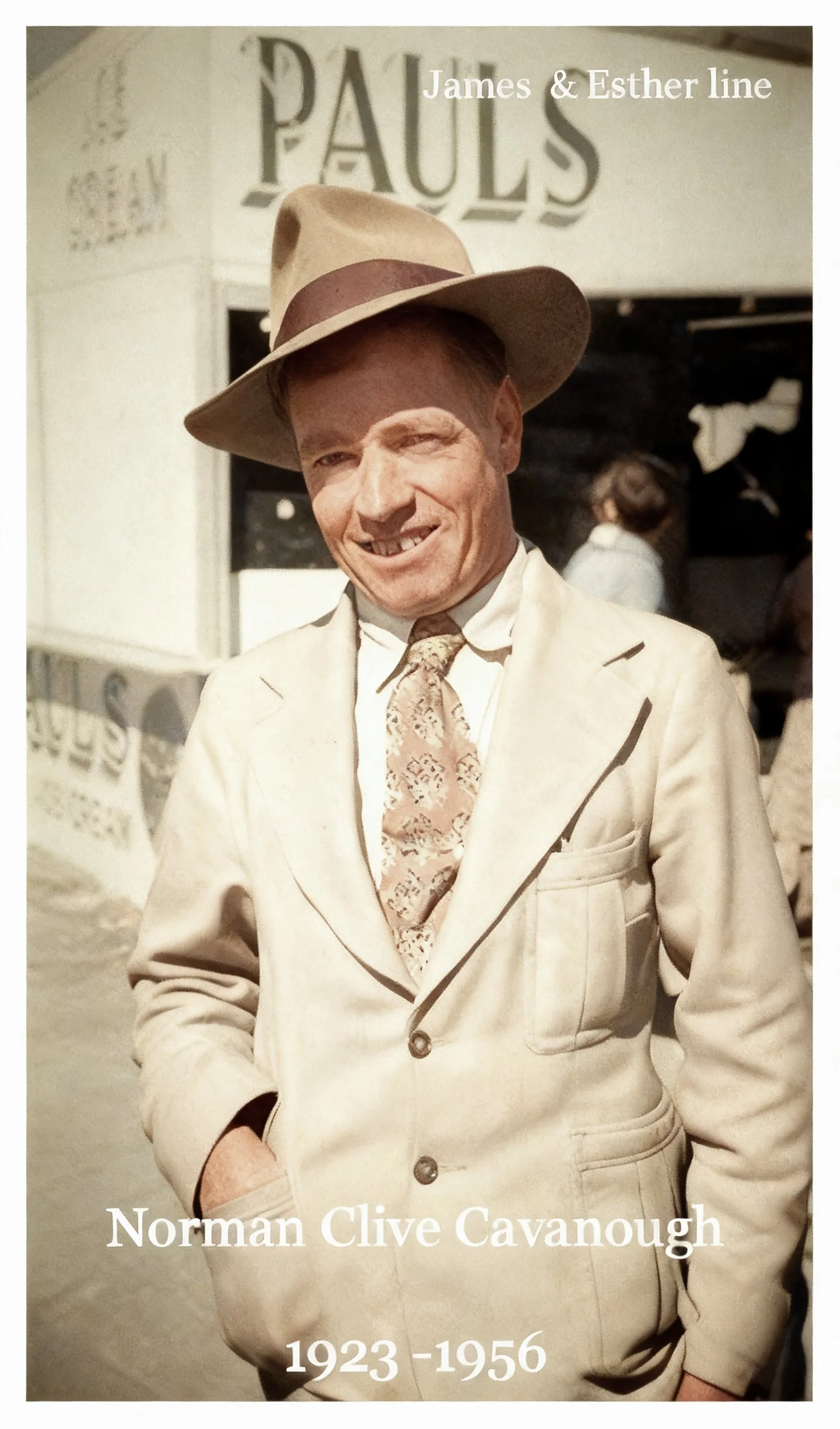 James & Esther line
Norman Clive CAVANOUGH was born on 2 Sep 1923 in Tambo, Queensland, died on 26 Jun 1956 at age 32, and was buried on 30 June in B174 Anglican Section, Mitchell Cemetery, Mitchell, Queensland, Australia. Stockman.