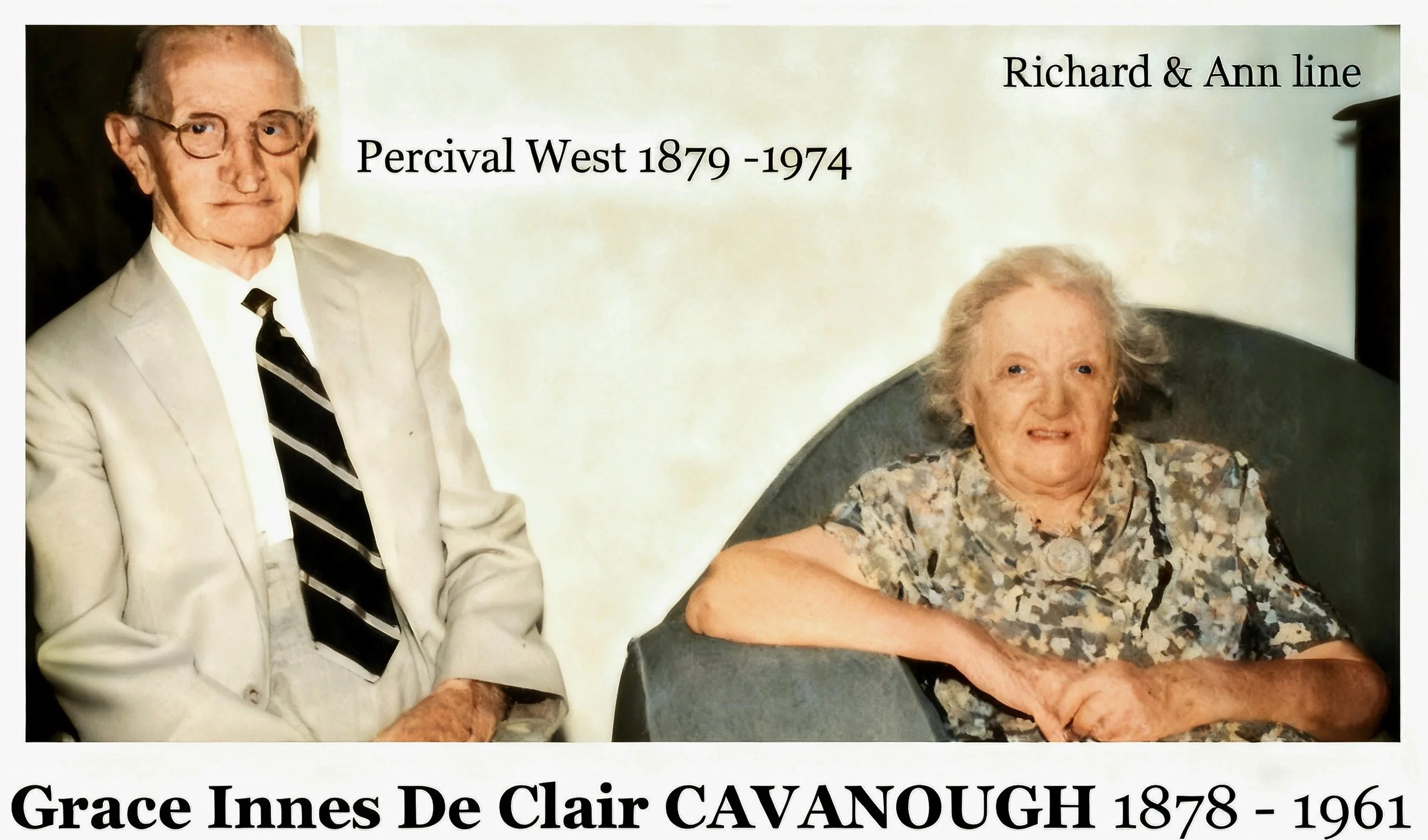 Richard Cavanough & Anne Cross line
Grace Innes De Clair CAVANOUGH was born on 28 May 1878 in Tenterfield, Nsw, and died on 22 Jul 1961 in Lismore, Nsw at age 83. Grace married Percival West STANGER on 17 Sep 1913 in Lismore, Nsw, son of William Jose