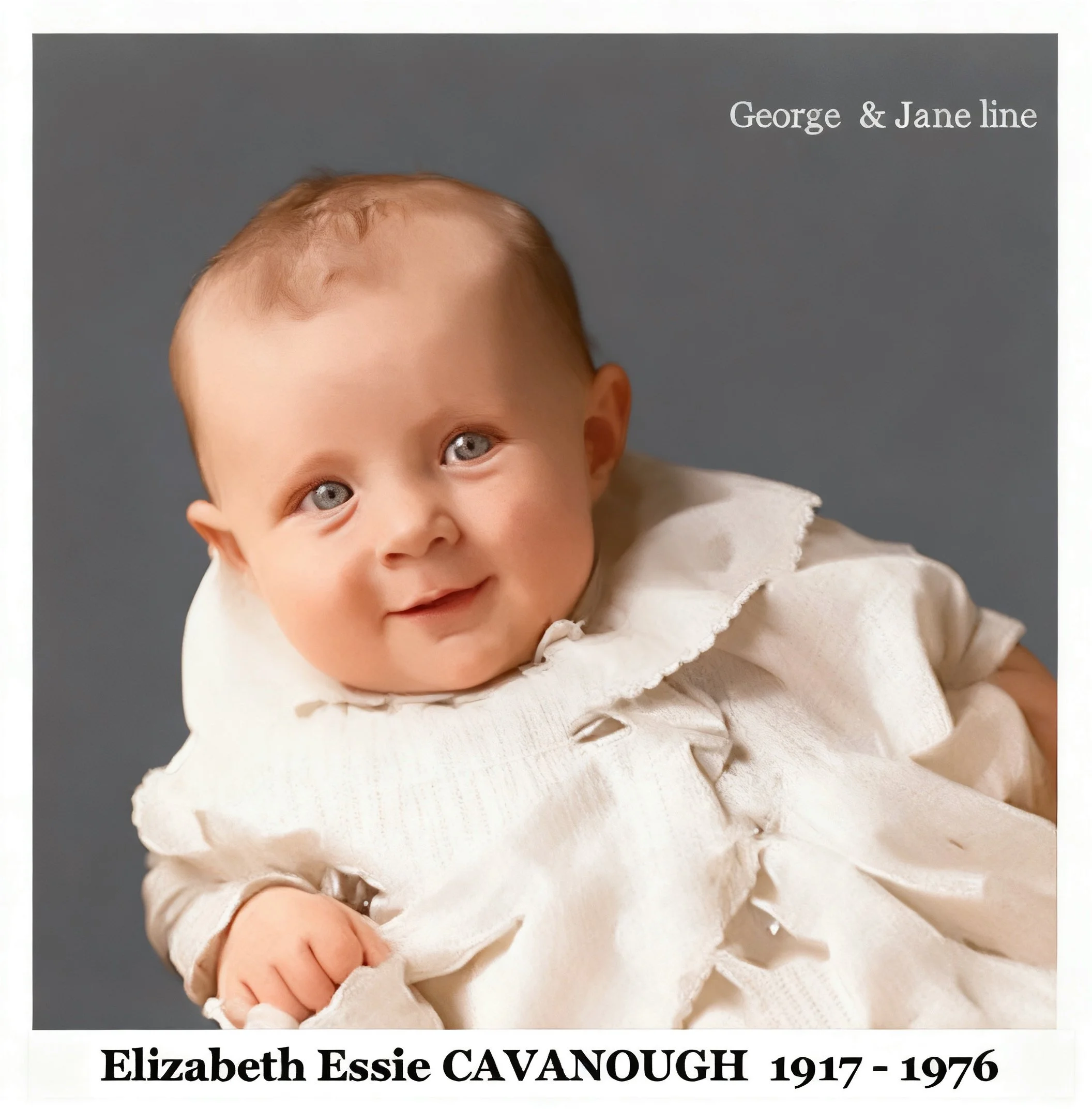 4-Elizabeth Essie CAVANOUGH was born on 11 Oct 1917 in Casino, Nsw, and died on 9 Apr 1976 in Greenslopes Military Hospital at age 58. Baptised 7 Jan 1918, Grafton, Nsw by Rev Arthur G Moore. Member of O.C.F.  Elizabeth married Norman TILBURY on 8 Fe