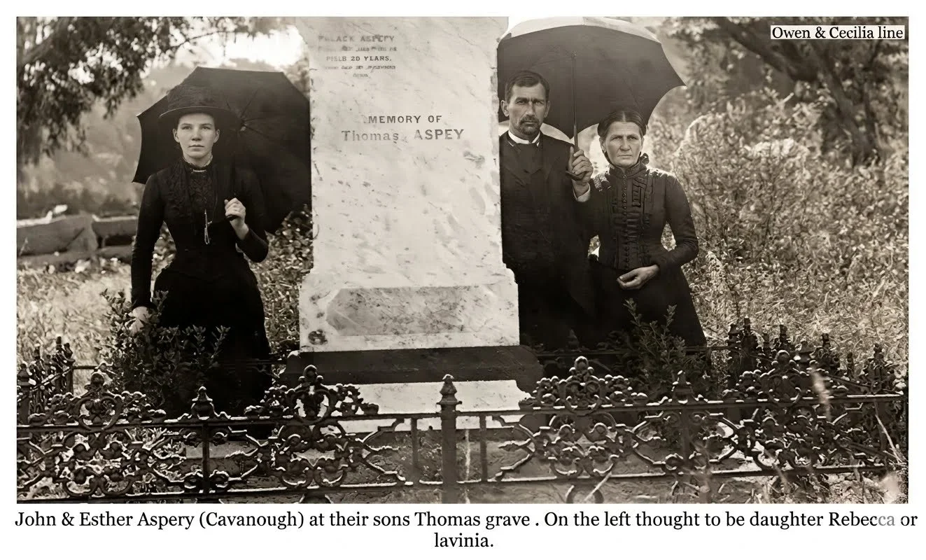 Owen & Cecilia line 
Esther CAVANOUGH was born on 5 Mar 1837 in Lower Portland Head, Nsw, died on 30 Jan 1917 in Hawkesbury District Hospital, Windsor, Nsw at age 79, and was buried on 31 Jan 1917 in St Thomas' C/E Cemetery, Tizzana Road, Sackville E