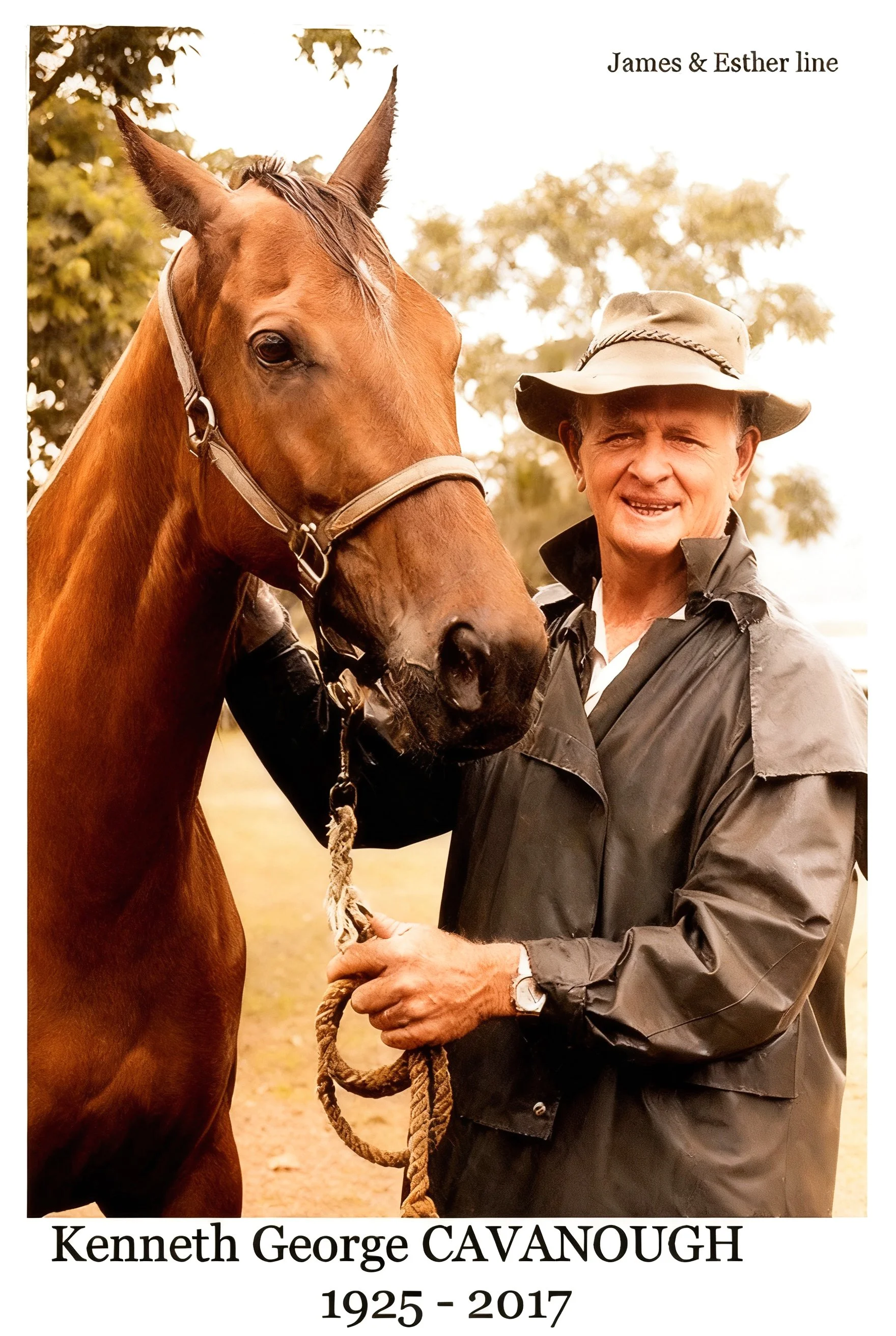 James Cavanough & Esther Huxley line
Kenneth George CAVANOUGH was born on 27 Jun 1925 in "Leitrim", Alfred Street, Roma, Qld. Butcher. Honoured in the Stockmans Hall of Fame, Longreach. Gum leaf player. Kenneth married Melva Doris LONG on 25 Sep 1944