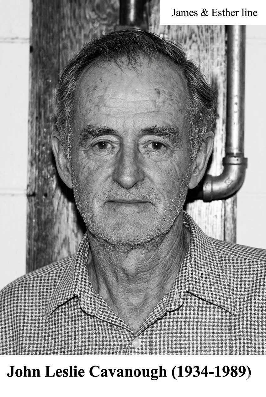 ames Cavanough & Esther Huxley line
John Leslie CAVANOUGH was born on 14 Dec 1934 in Roma, Qld, died on 1 Dec 1989 in Innisfail, Qld at age 54, and was buried in Anglican Section, St George Cemetery. Professional fisherman of Moree, Nsw. John married
