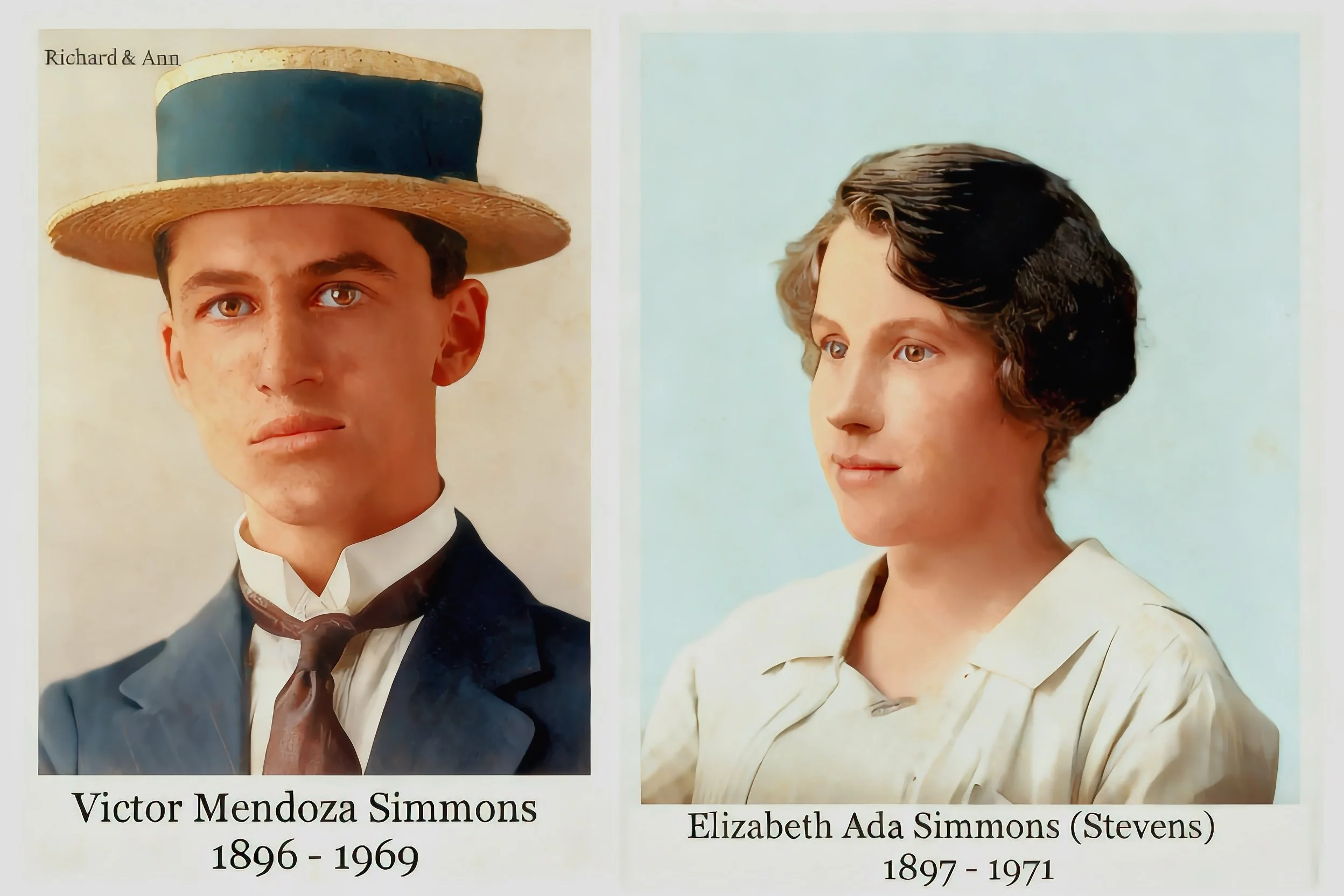 Richard & Ann line
Victor Mendoza Dutchy SIMMONS was born on 24 May 1896 in Sydney, Nsw and died on 12 Jun 1969 in Kogarah, Nsw at age 73. • Army: W/O Class 2 - N66041, 10 May 1940-23 Dec 1944, Dist. A/C. Office. Resident of Kingsford.  Victor marrie