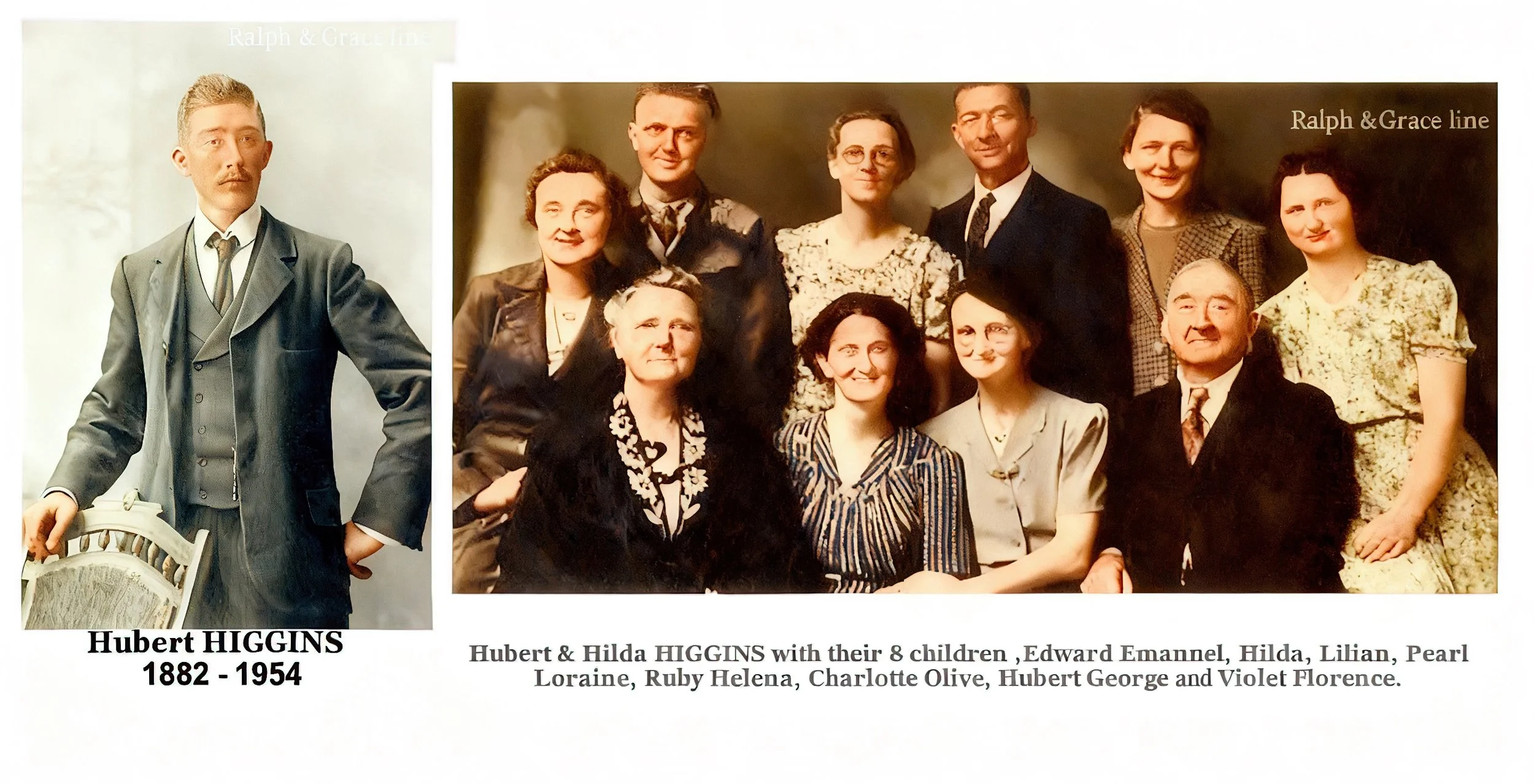 Grace Cavanough & Ralph Turnbull line 
Hubert Charles HIGGINS was born on 27 Apr 1882 in Pitt Town, Nsw and died in1954 in New Zealand at age 72. He was baptised on 28 May 1882 in St James C/E, Pitt Town, Nsw. Hubert married Hilda Harriet CAPPER, dau