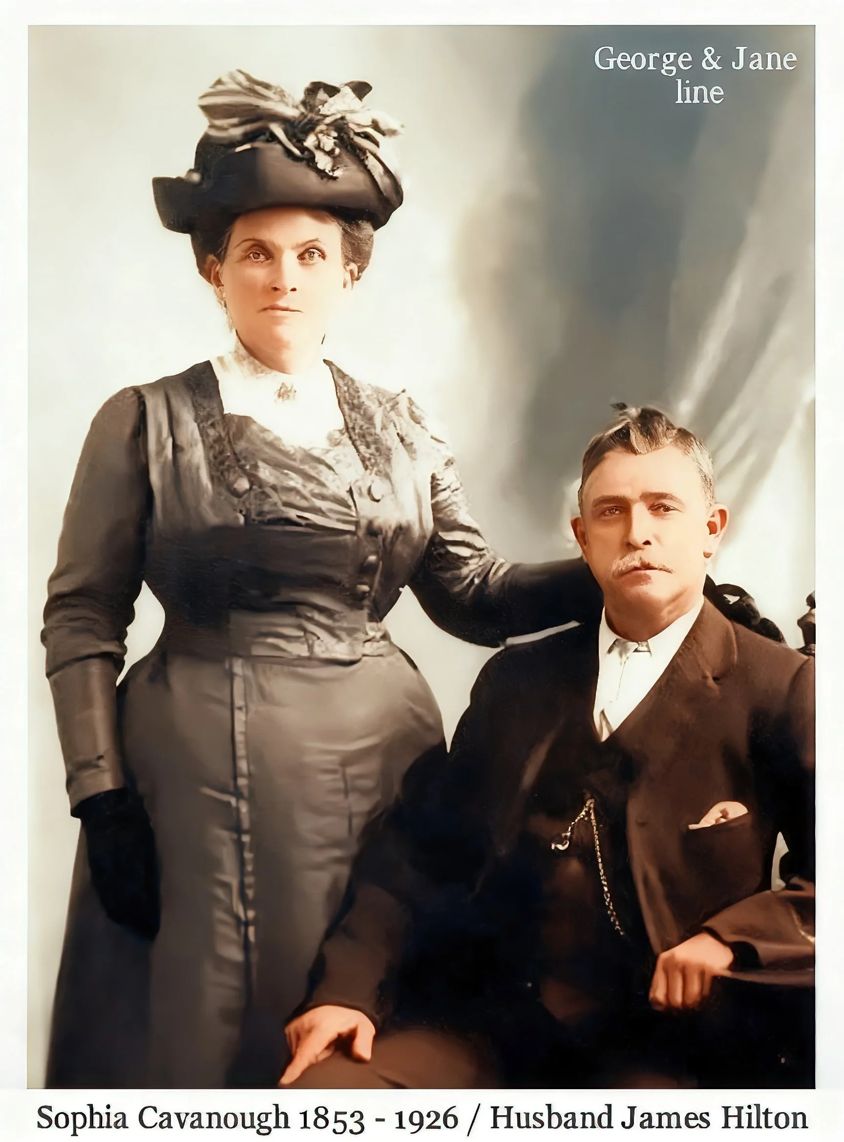 Sophia Cavanough with husband James Hilton -Sophia CAVANOUGH was born on 22 Apr 1853 in Upper Colo, Nsw, Au, died on 8 Aug 1926 in "Albury", Mowbray Road, Willoughby, Nsw at age 73, and was buried on 9 Aug 1926 in Northern Suburbs Cemetery Methodist 