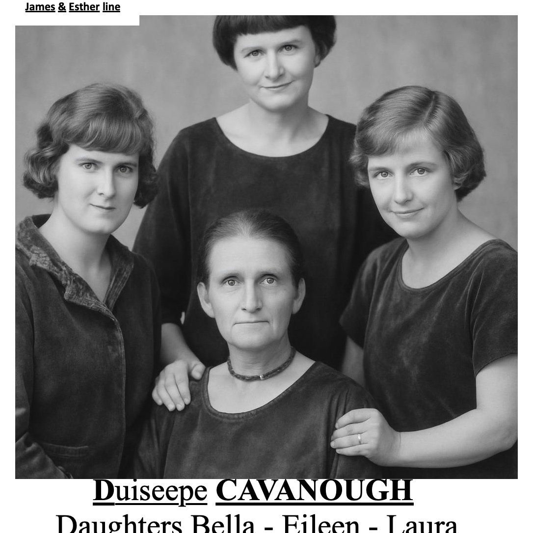 James & Esther line
Duiseepe Marie Beaumont centre front married Thomas Edward Cavanough they had 6 children , Bella Charlotte , Laura Alpine , Llean May , Myrtle Patricia, Thomas Edward and Rita Agnes.

Picture : Duisepe Marie Cavanough ( nee Beaumo