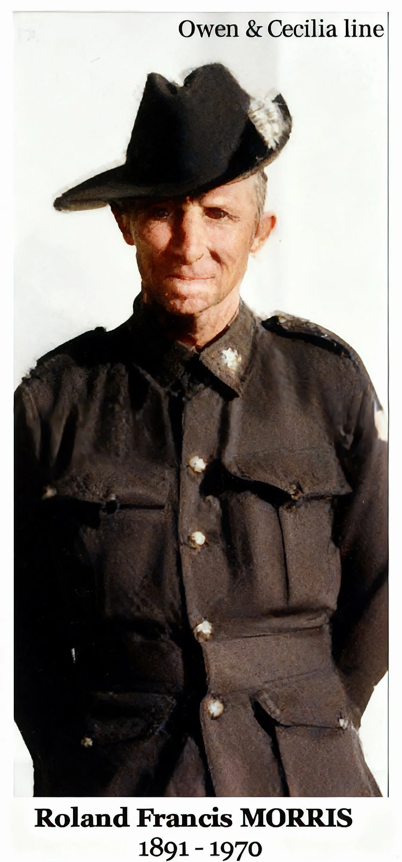 Owen & Cecilia line -

Roland Francis MORRIS was born on 6 Apr 1891 in Bourke, Nsw, died on 7 Jun 1970 in Dubbo Base Hospital, Dubbo, Nsw age 79, and was buried in D9, R/C Section, Brewarrina cemetery. The cause of his death was leukemia. Served in W