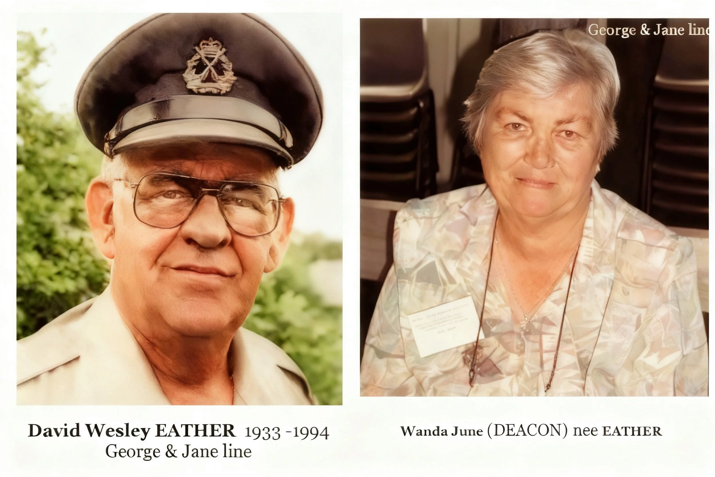 -David Wesley EATHER was born on 15 Mar 1933 in Colo, Nsw and was baptized on 1 Apr 1933 in Parish of St Matthews, Windsor, died on 23 Nov 1994 in Hawkesbury Hospital, Windsor at age 61 .Medals: Korea Service medal, General Service Medal Malaya, Viet