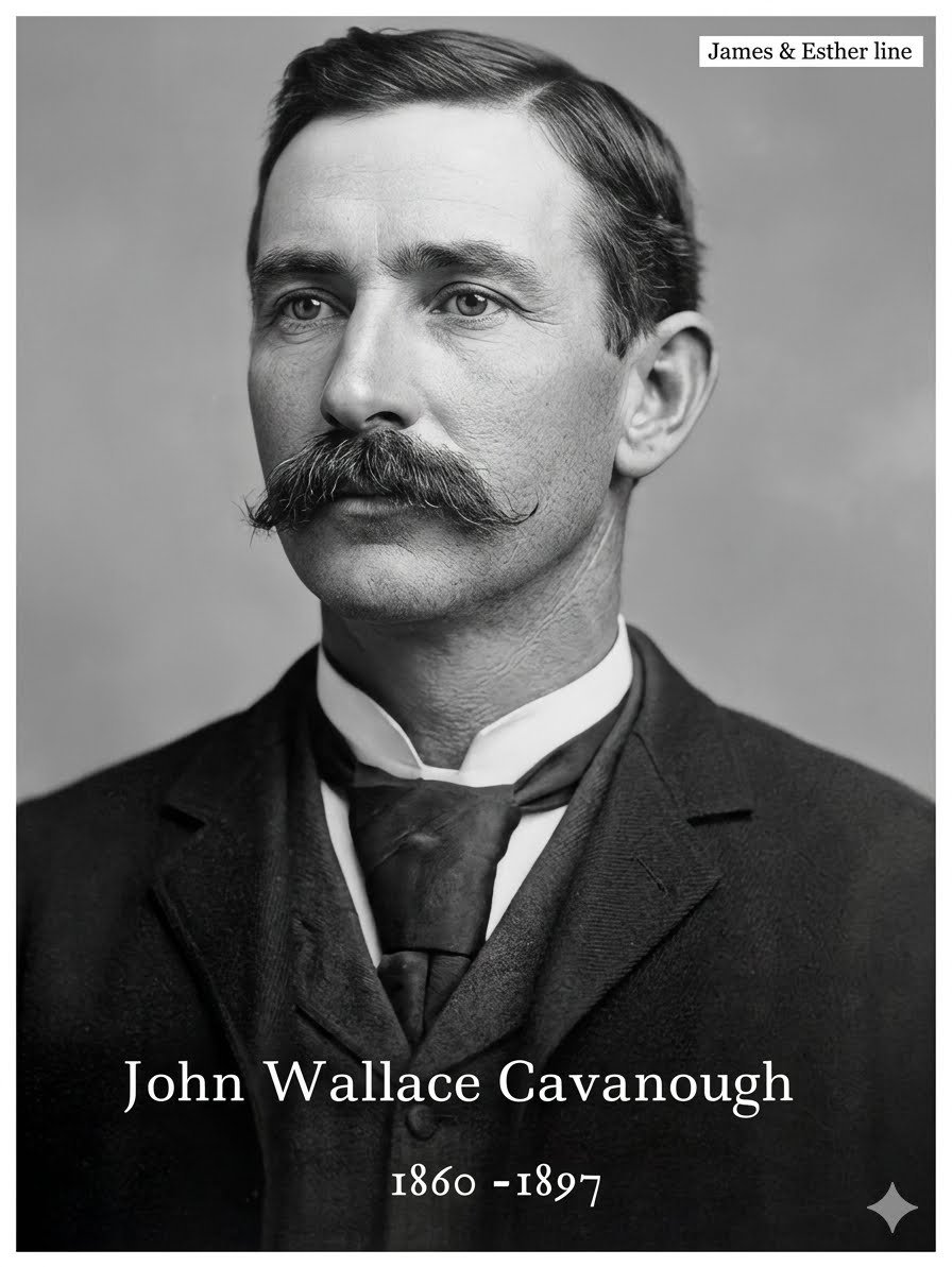 James Cavanough & Esther Huxley Line
John Wallace Cavanough Born 9thApril 1860 , died 22 Dec 1897 . Married Winifred Mary Johnston 9th Nov. 1887 . Winifred was born 23rd July 1867 and died on the 8th April 1948. They had 4 children , Winifred May , A