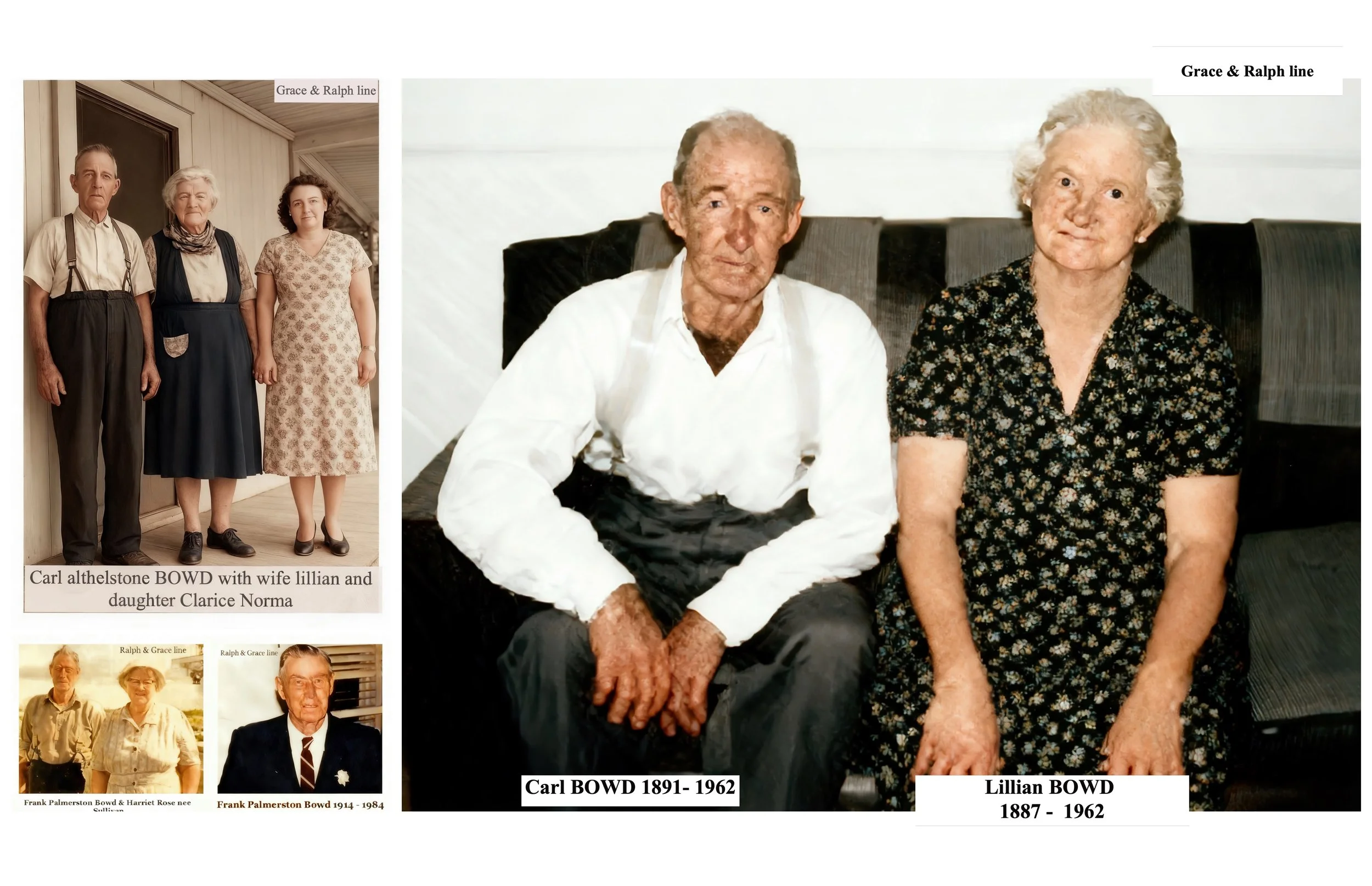 Grace & Ralph line 

Carl Athelstone BOWD was born on 2 Dec 1891 in Pitt Town, Nsw and died on 29 Jun 1962 in Quirindi, Nsw at age 70. Carl was baptised on 3 Jan 1892 in St James C/E, Pitt Town, Nsw. Carl married Lillian Maude McLEAN in 1910 in Quiri