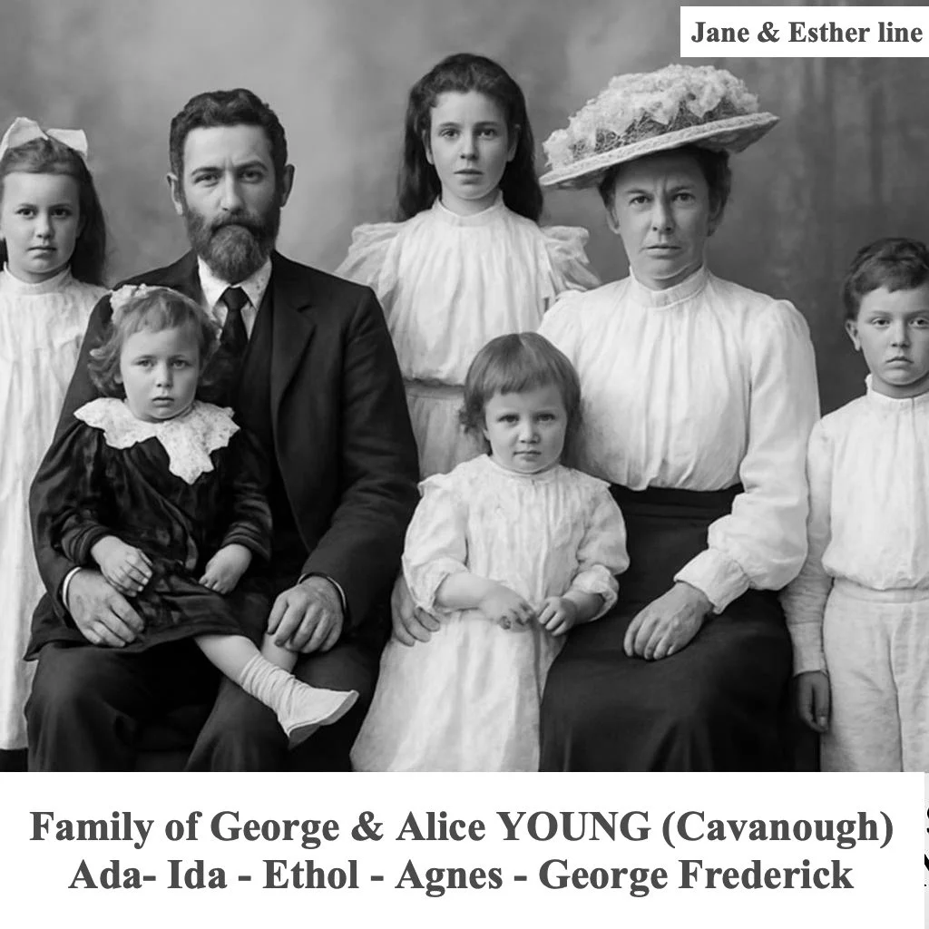 James & Esther line
Alice Jane CAVANOUGH was born on 3 Nov 1879 (twin) in Qld, Au and died on 16 May 1911 Townsville Hospital at age 31. Obituary reported as Alice Amelia Young. Buried 17 May. Alice married George YOUNG in 1898 in Qld. They had 5 chi