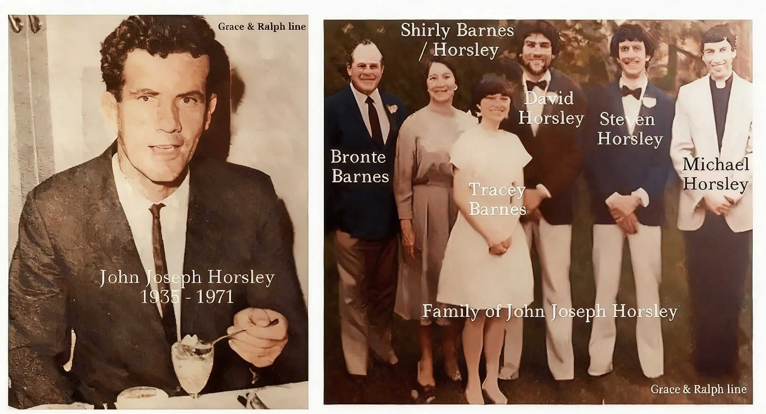 Grace Cavanough & Ralph Turnbull Line John Joseph HORSLEY was born on 1 Apr 1935 in Wagga Wagga, Nsw, died on 19 Dec 1971 in Wagga Wagga, Nsw, at age 36, and was buried on 21 Dec 1971 in Wagga Wagga. Another name for John was Jack. Tiler. John marrie