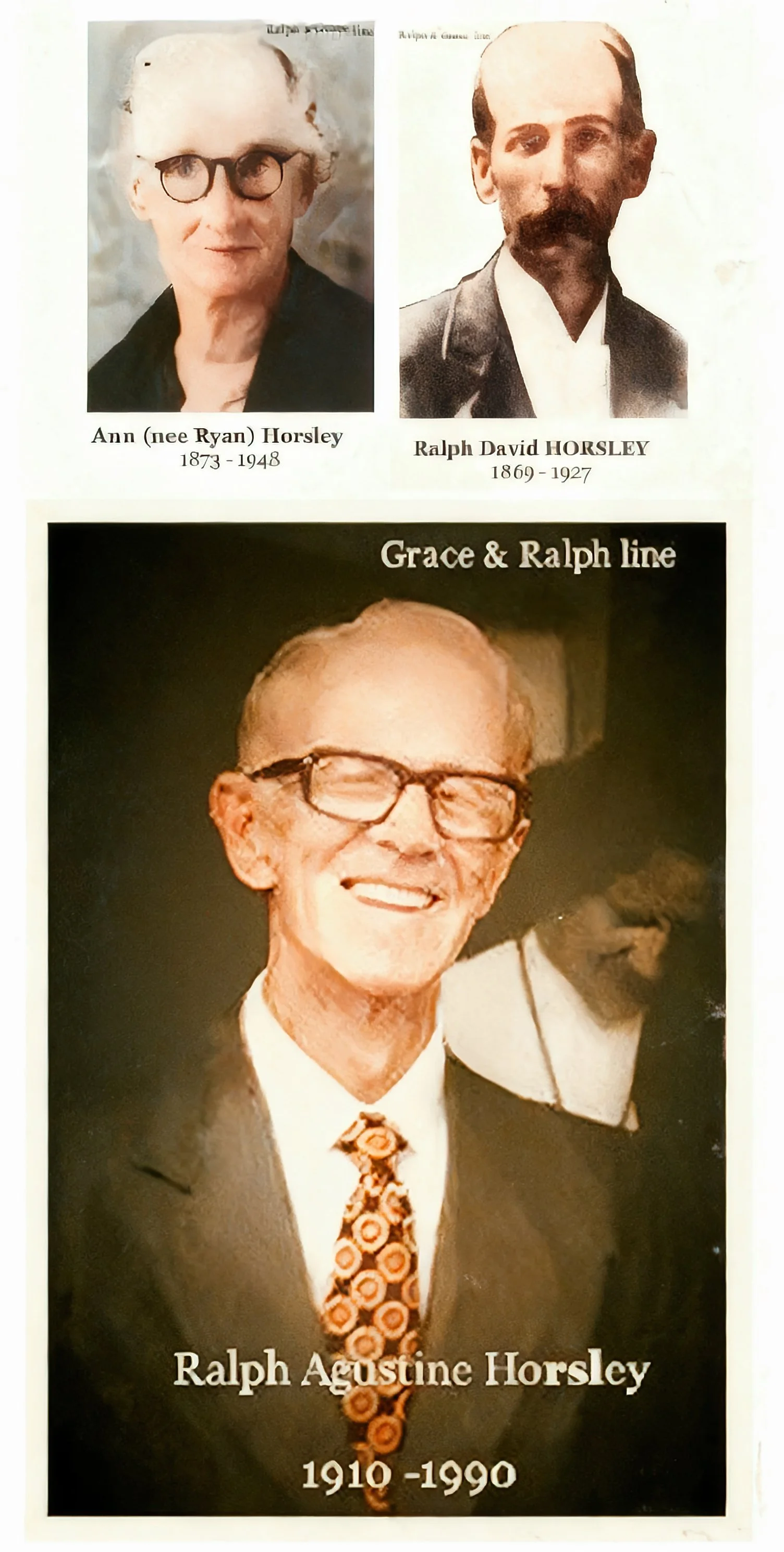 Grace Cavanough & Ralph Turnbull

 Ralph David HORSLEY was born on 8 Feb 1869 in Albury, Nsw, died on 30 Jan 1927 in Wagga Wagga, Nsw at age 57, and was buried in R/C Wagga Wagga. Known as Ray. Saddler. Ralph was baptised on 28 Jan 1927 in Wagga Wagg