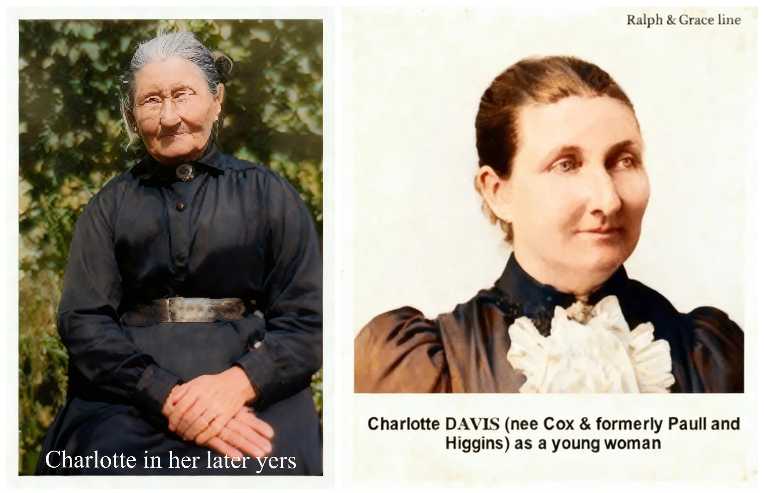 Ralph & Grace line

Charlotte COX was born on 14 Sep 1854 in Macdonald and Colo River, Nsw and died on 25 Apr 1932 in Pitt Town, Nsw at age 77. The cause of her death was myocarditis & senility. She was baptised on 31 Oct 1854 in C/E Parish of Macdon
