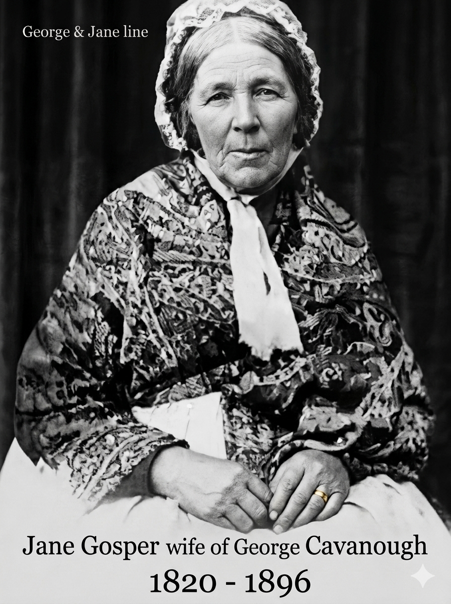 
George Cavanough born 5th July 1807 on the Hawksbury. George was the 7th son of Owen & Margaret. George married Jane Gosper on the 5th July 1836. As Jane was only 16 her parents Thomas Gosper and Jane Turnbull had to give consnt . Jane was born 3rd 