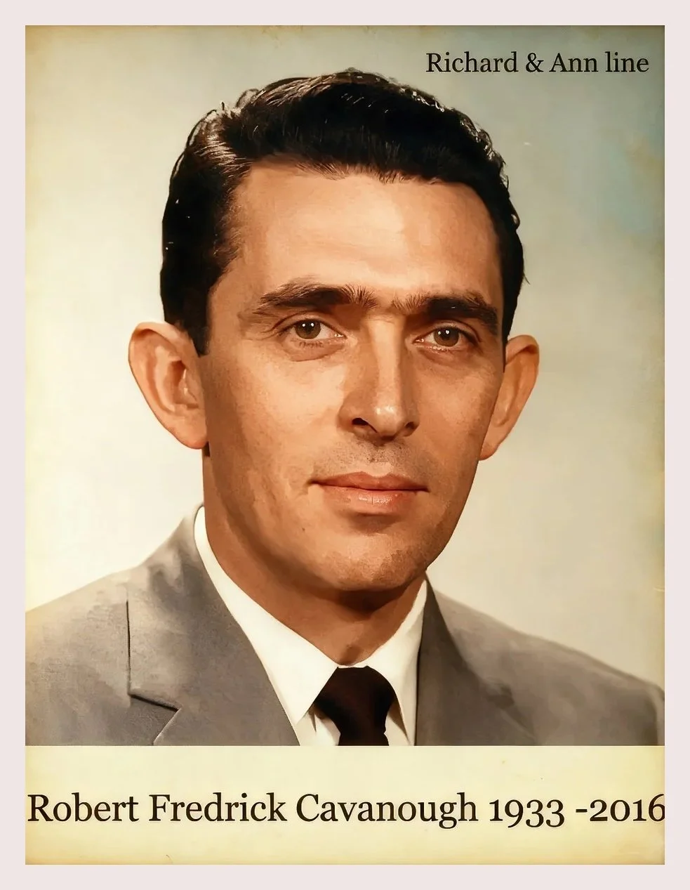 Robert Frederick CAVANOUGH was born on 28 Jun 1933 in Paddington, Sydney,Nsw. Another name for Robert is Urquhart. Robert married Annette Sandra Kensett SMITH on 18 Oct 1958. Annette was born on 14 Nov 1936 in Hawthorn, Vic. Three children: Richard E
