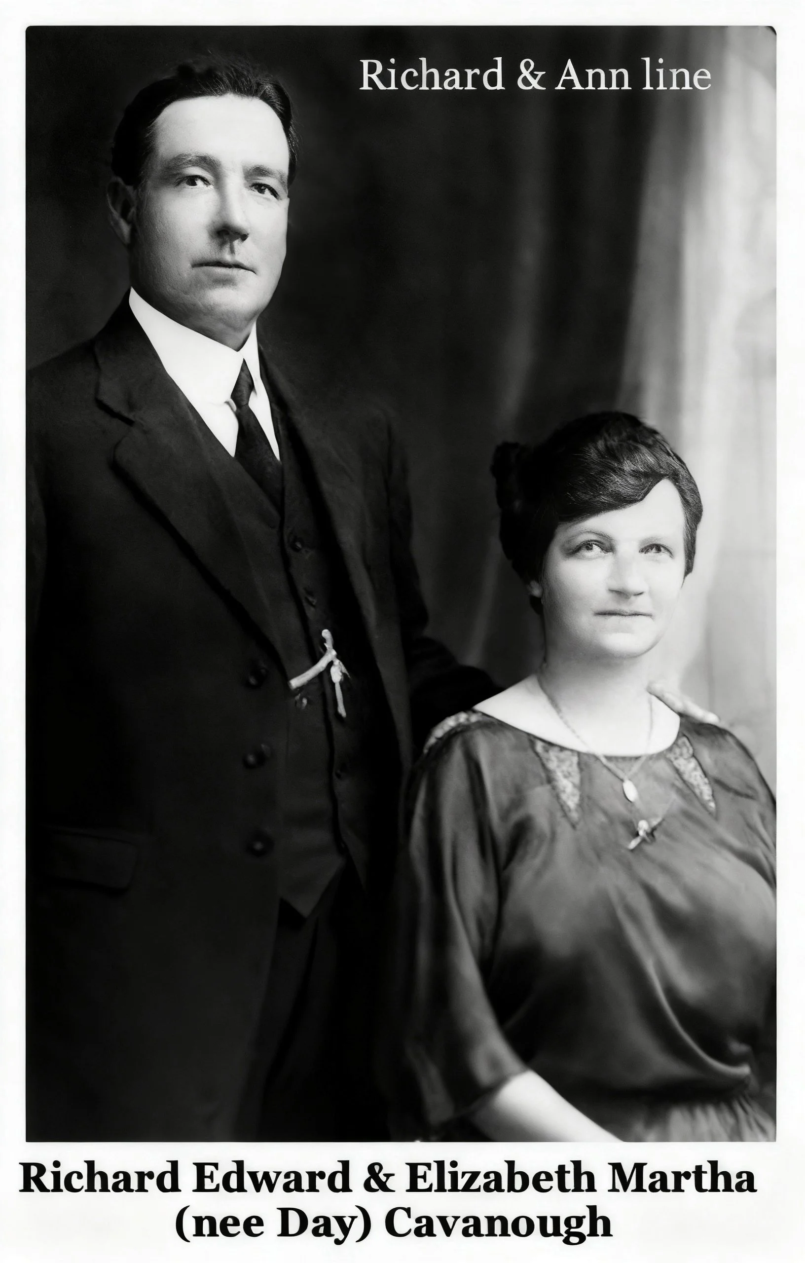 Richard Cavanough & Anne Cross line
Richard Edward CAVANOUGH was born on 19 Feb 1869 in Windsor, Nsw, was baptised on 17 Mar 1869 in St Matthews C/E, Windsor, died on 20 Mar 1952 in Paddington, Sydney, Nsw at age 83. Cremated Eastern Suburbs on 24 Ma