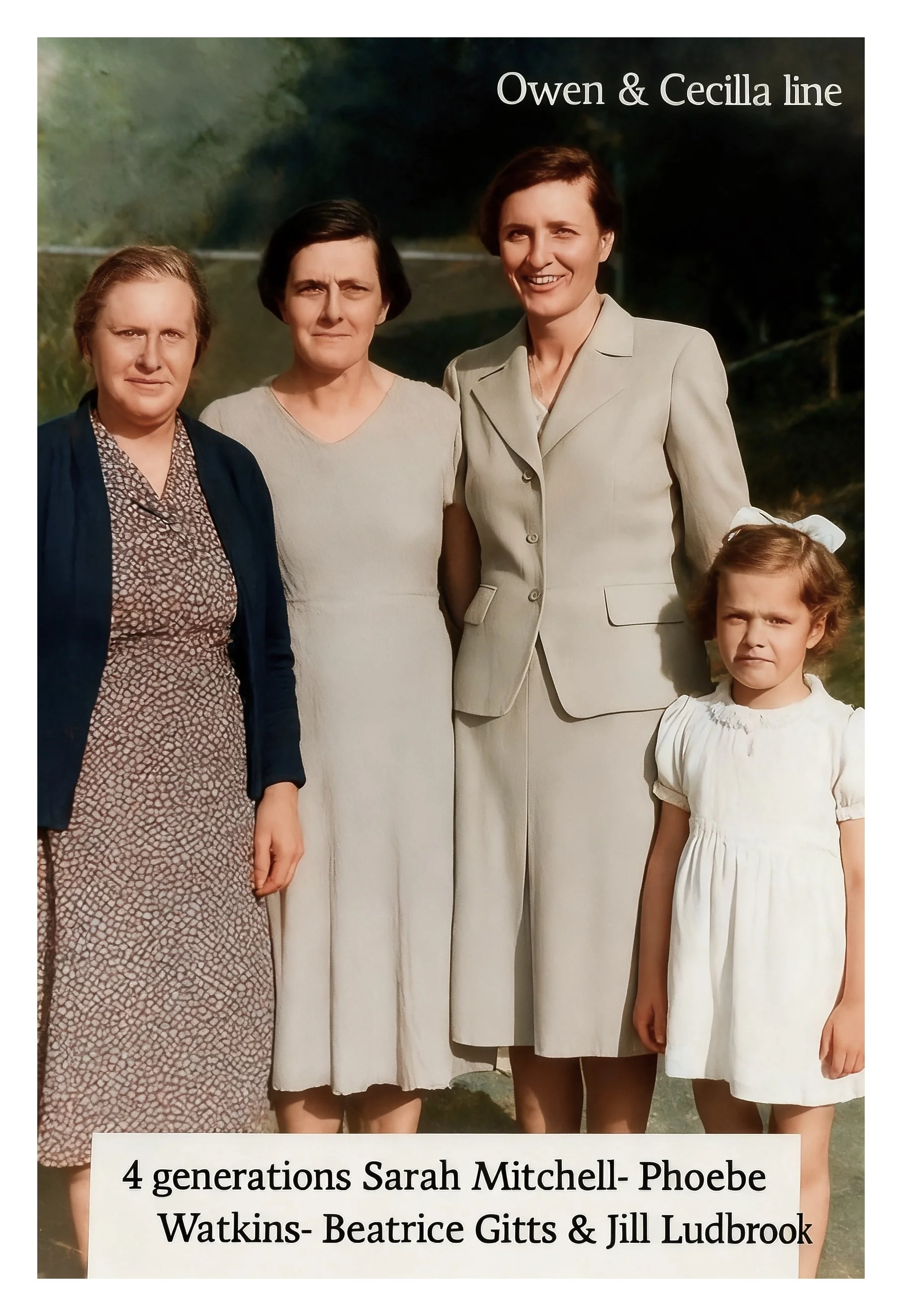 
4 generations along the Owen & Cecilia line. Sarah Ann MITCHELL was born on 6 May 1879 in Lower Portland Head, Nsw, died on 2 Sep 1954 in Windsor, Nsw at age 75, and was buried in West Portland Head Rd Cemetery. Sarah married Alfred WATKINS on 27 Au
