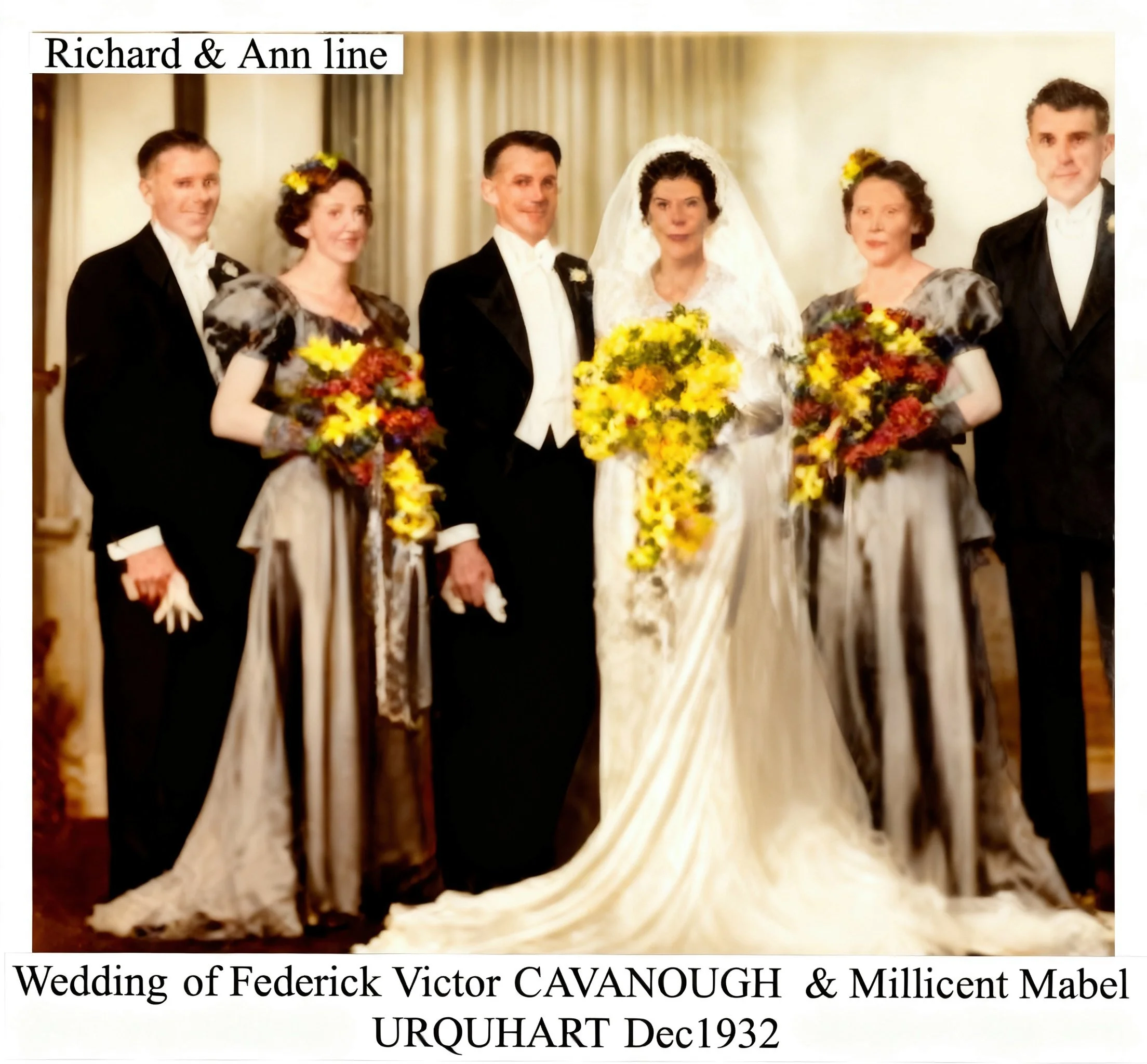 -Frederick Victor CAVANOUGH was born on 24 May 1913 in Paddington, Sydney, Nsw, died on 11 Aug 1968 in Berowra, Nsw at age 55.  Cremated Northern Suburbs on 14 Aug 1968. Frederick married i) Millicent Mabel URQUHART on 3 Dec 1932 in Sydney, Nsw. The 