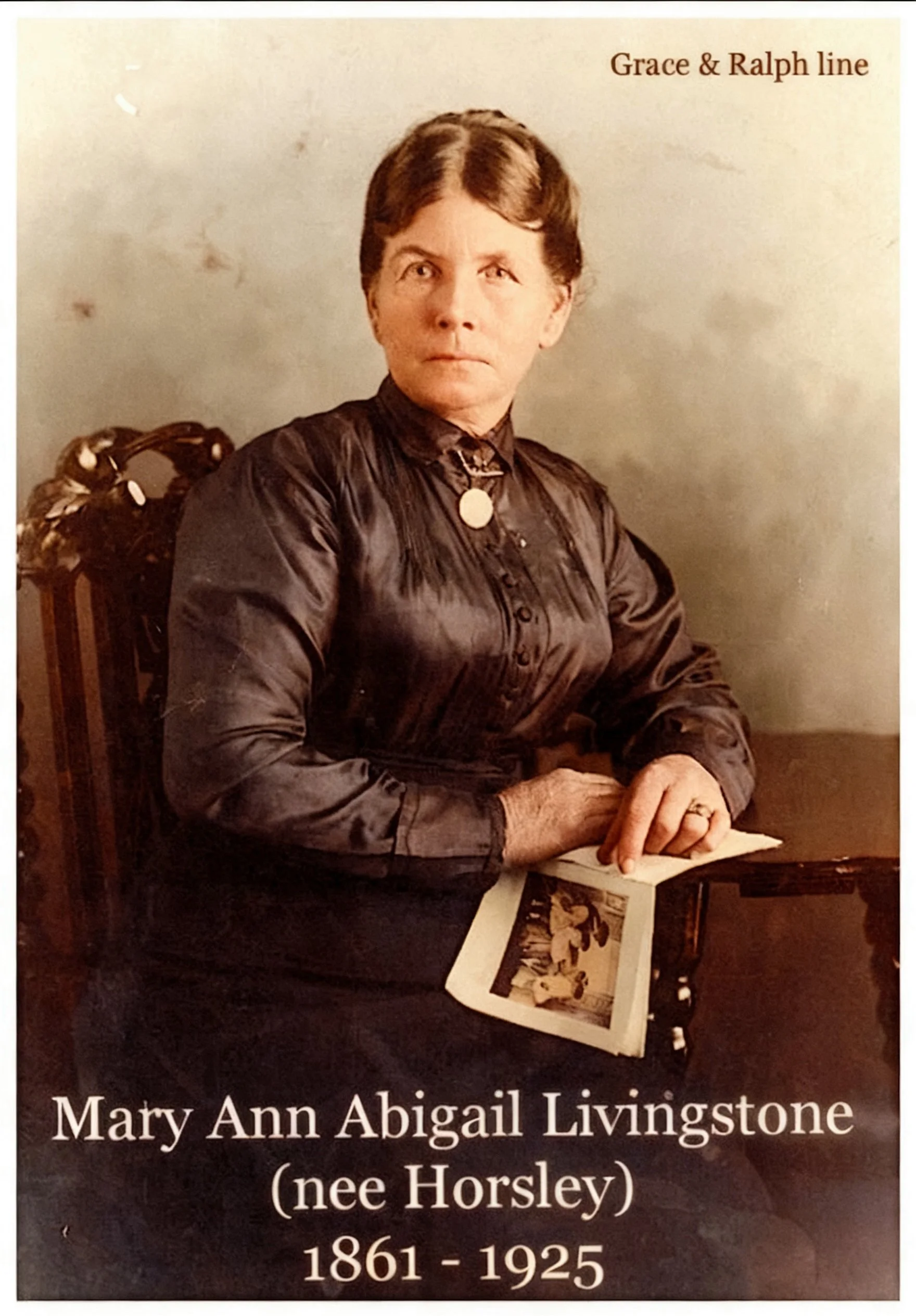 Grace Cavanough & Ralph Turnbull line

 Mary Ann Abigail Horsley : Born 7th May 1861 and died 25th May 1925. Married David Petyer Livingstone 10th Nov. 1879 . They had 10 children , Frances Isabella, Charles David Federick,Willioam Harold , Lilly Isa