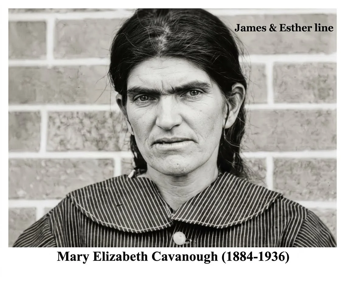 
Mary Elizabeth CAVANOUGH was born 16 Apr 1884 (twin) in Thylungra Station, Roma, Qld, died on 25 Oct 1936 in Mental Hospital, Goodna, Queensland at age 52, and was buried on 27 Oct 1936 in Goodna Asylum Cemetery. Never married. Mary had three childr