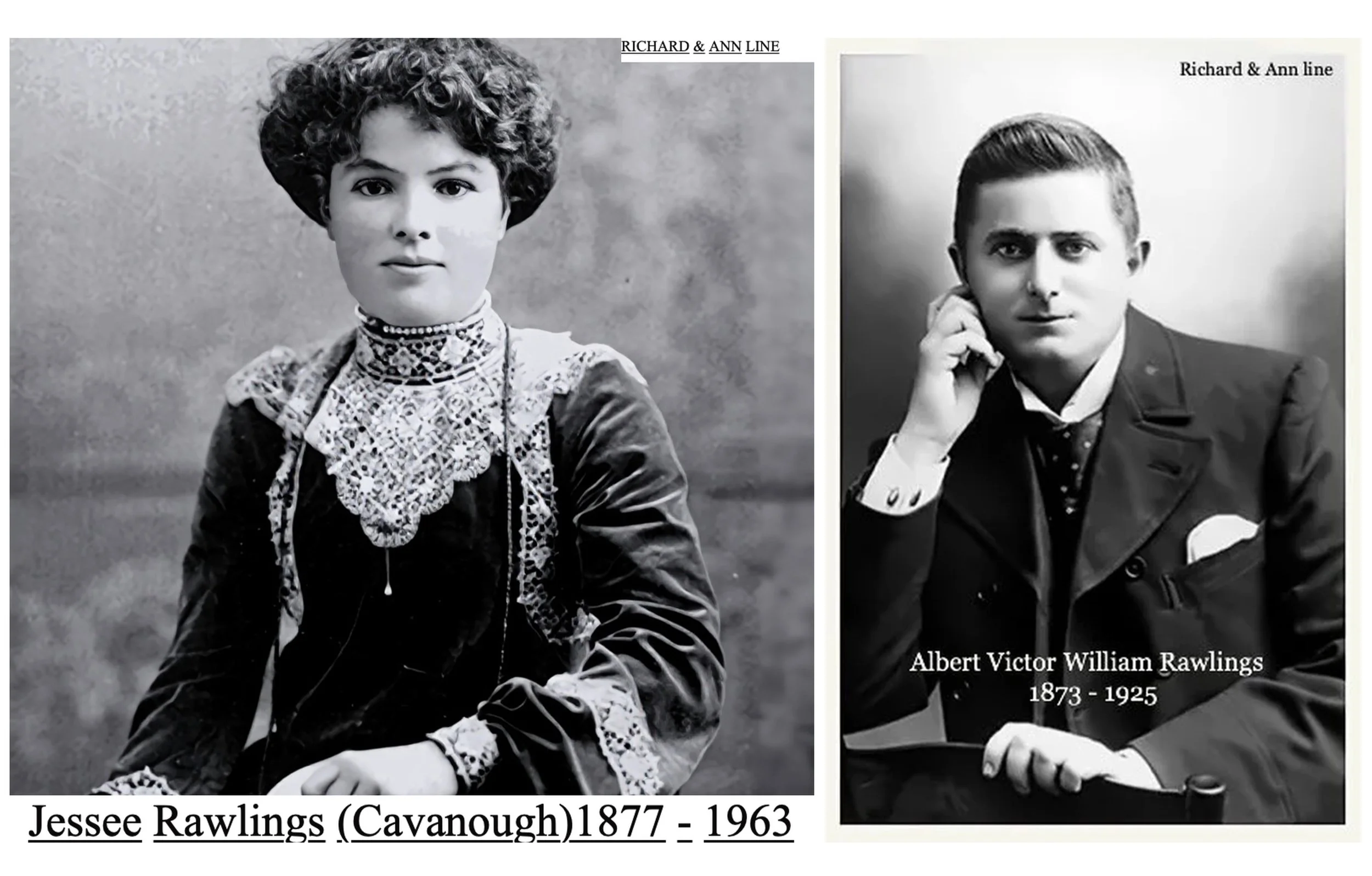 Richard & Ann line 
Jessie Cavanough married Albert Victor William RAWLINGS on 2 Apr 1900 in Kogarah, Nsw, son of Samuel RAWLINGS and Ellen Mabel ADDIS. Albert was born on 5 Sep 1873 in Hoxton, Newtown, Middlesex, England, was baptised on 30 Nov 1873