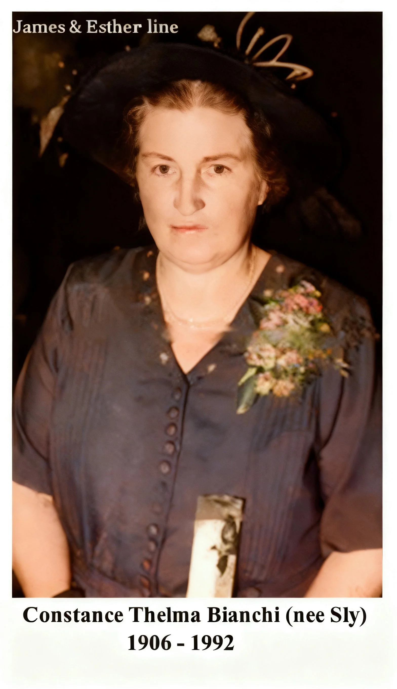 ames & Esther line
Constance Thelma SLY was born on 1 Aug 1906 in Mitchell, Qld, Au and died on 26 Mar 1992 in Toowoomba, Qld at age 85. Buried 27 Mar R/C, Toowoomba. Constance married Frederick Horace BIANCHI on 9 Jul 1928 in Mitchell, Qld, son of J