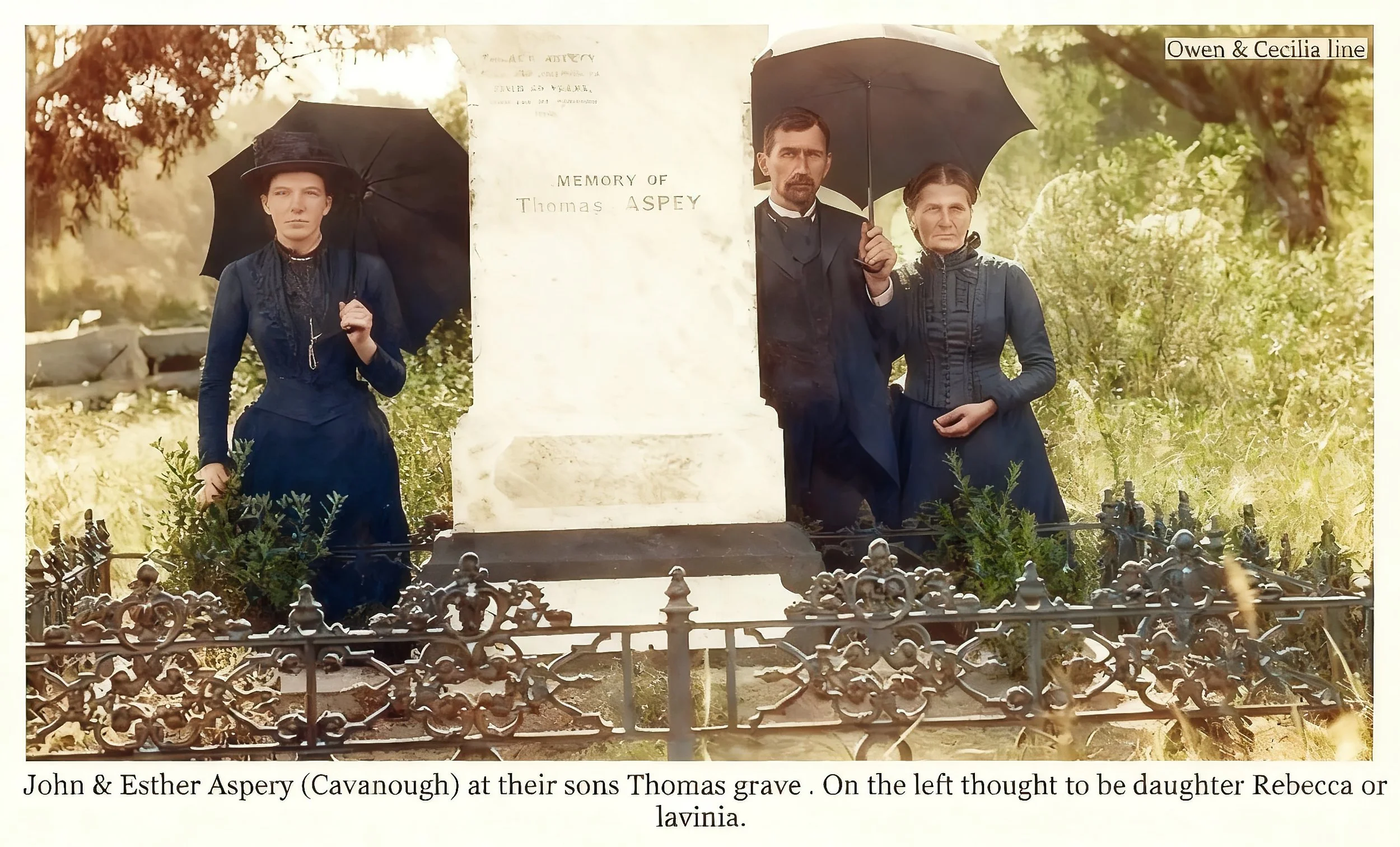 Owen & Cecilia line 
Esther CAVANOUGH was born on 5 Mar 1837 in Lower Portland Head, Nsw, died on 30 Jan 1917 in Hawkesbury District Hospital, Windsor, Nsw at age 79, and was buried on 31 Jan 1917 in St Thomas' C/E Cemetery, Tizzana Road, Sackville E