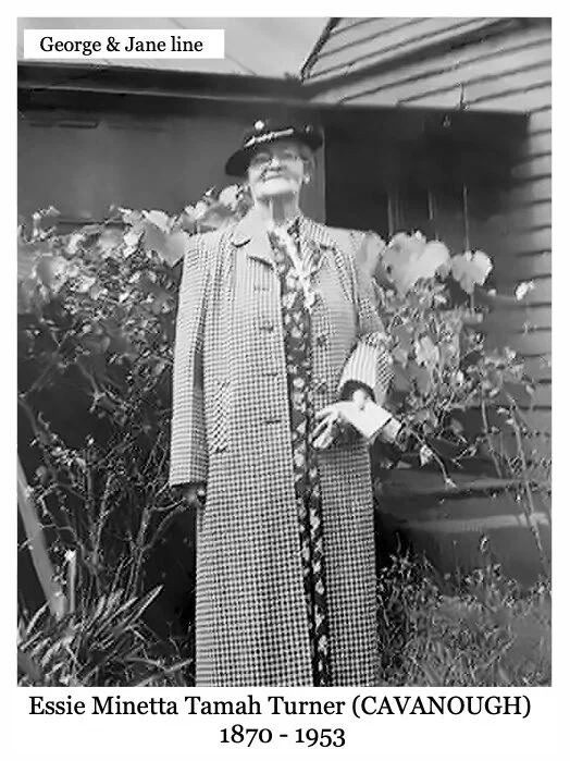 George & Jane line
Essie Minetta Tamar Constance Sophia CAVANOUGH was born on 16 May 1870 in Colo, Nsw,  was baptised on 5 Oct 1870 in Parish of St Matthews, Windsor, died on 4 Oct 1953 in Epping, Nsw at age 83, and was buried on 6 Oct 1953 in Field 