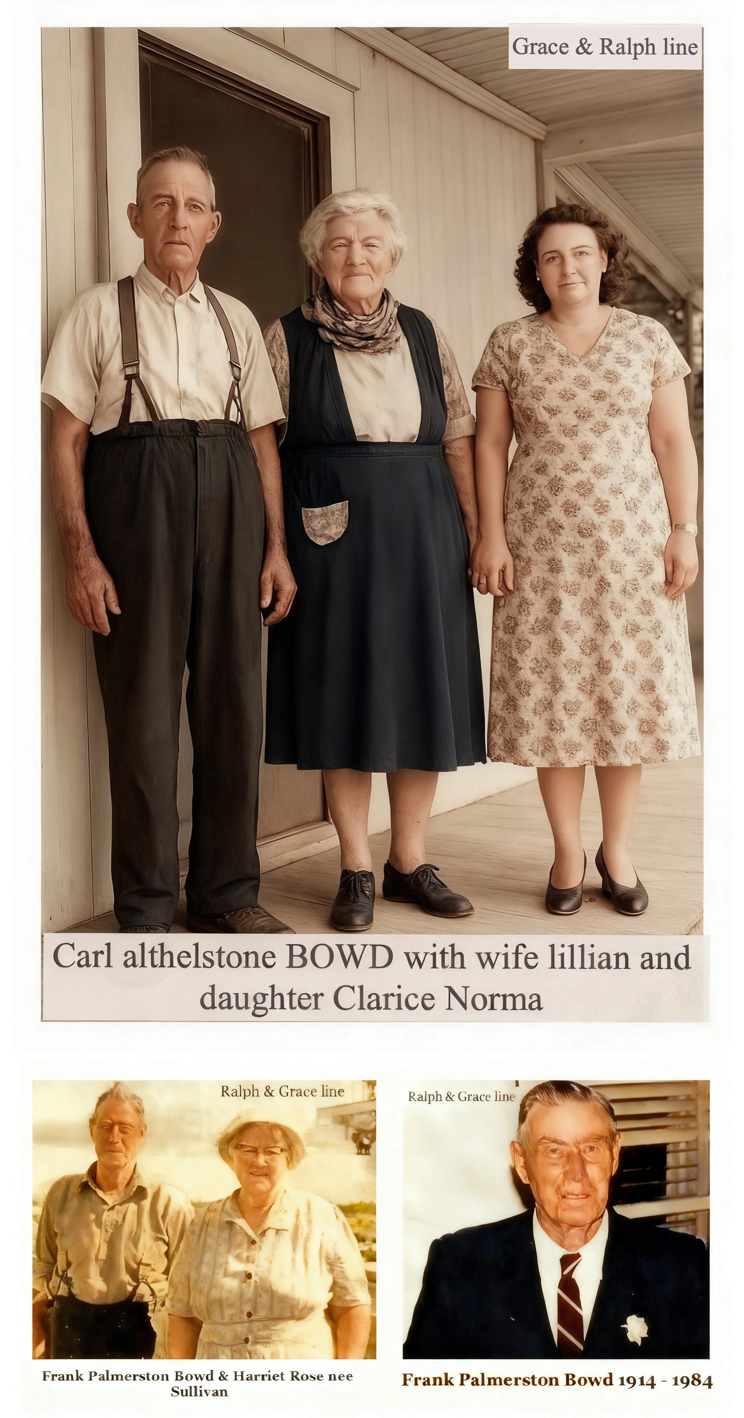 Grace & Ralph line 

Carl Athelstone BOWD was born on 2 Dec 1891 in Pitt Town, Nsw and died on 29 Jun 1962 in Quirindi, Nsw at age 70. Carl was baptised on 3 Jan 1892 in St James C/E, Pitt Town, Nsw. Carl married Lillian Maude McLEAN in 1910 in Quiri