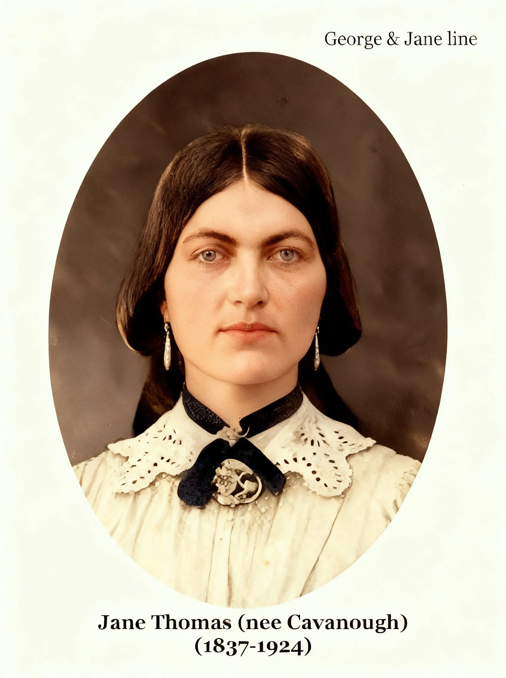 Jane CAVANOUGH was born on 14 Mar 1837 in Colo, Nsw, died on 27 Feb 1924 in Ashfield, Nsw at age 86, and was buried on 28 Feb 1924 in Rookwood, Nsw. Jane married Matthew John THOMAS on 17 May 1873 in All Saints Church, Petersham, Nsw, son of John THO