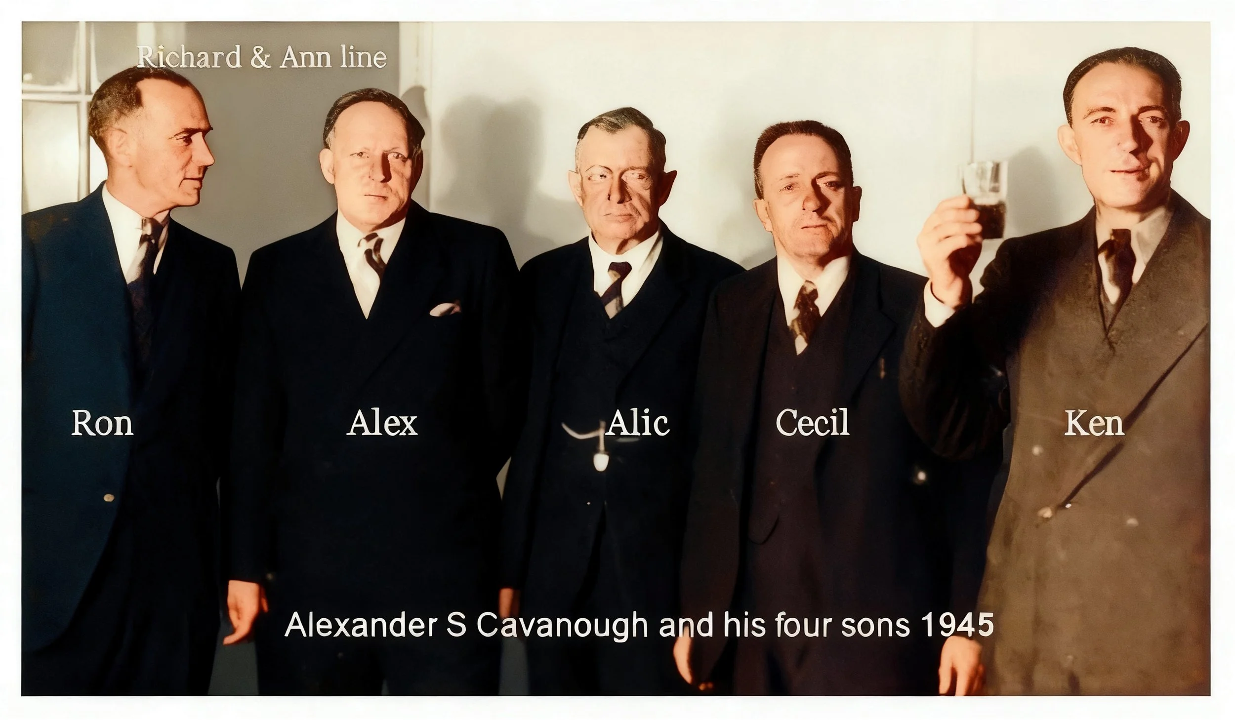 Richard Cavanough & Anne Cross line. Alexander Strathmore Cavanough and his four sons 1945. Alexander was born 26th August 1872 , died 15th April 1948 . Married Edith Sophie Tye in 1892 . Edith was born 1st January 1874 and died 16th November 1937. T