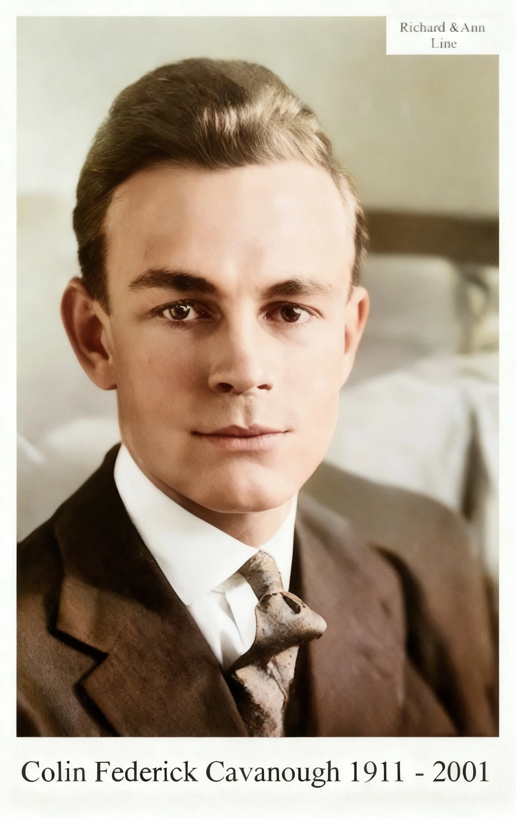 Colin Frederick CAVANOUGH was born on 19 Aug 1911 in Collie, Western Australia and died on 25 Mar 2001 in City Beach, WA at age 89. Ran a menswear store in Perth. Colin married Gwladys Verna THOMAS on 9 Nov 1935 in Perth, WA, daughter of George THOMA