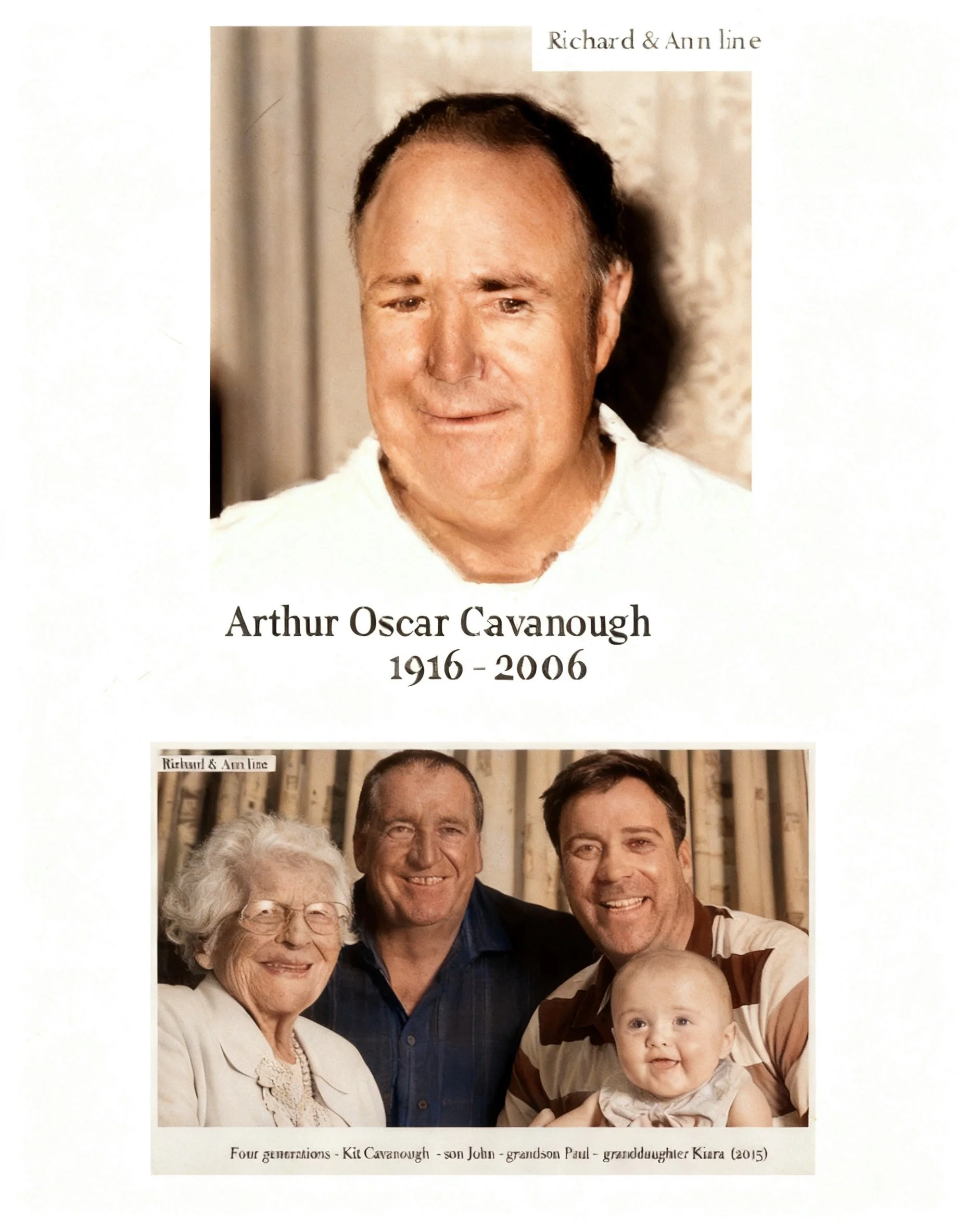 Arthur Oscar CAVANOUGH was born on 4 Dec 1916 in Redfern, Nsw, died on 10 Sep 2006 in Gosford, Nsw age 89, and was buried on 15 Sep 2006 in Palmdale Lawn Cemetery. Address:Wiley Park then 24 Panorama Ave, Charmhaven, Nsw. Driver & woolcarter. Arthur 