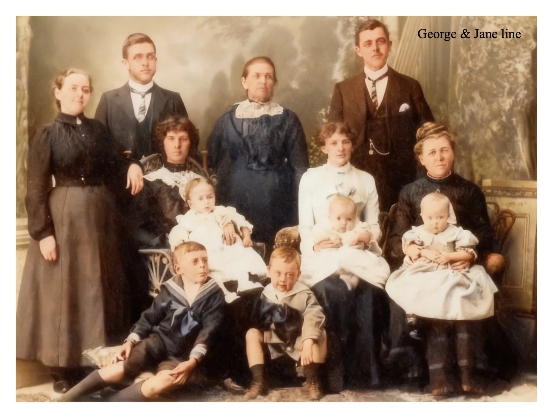 L/R Standing Nina Dennett - luther Everingham - Sophia Cavanough - Nepolian Everingham - seated Olive Everingham - with child Dorothery - Nepolians wife Rotha - Mabel Clifford with daughter Ellen - Horace and Jac k Clifford at the front .  