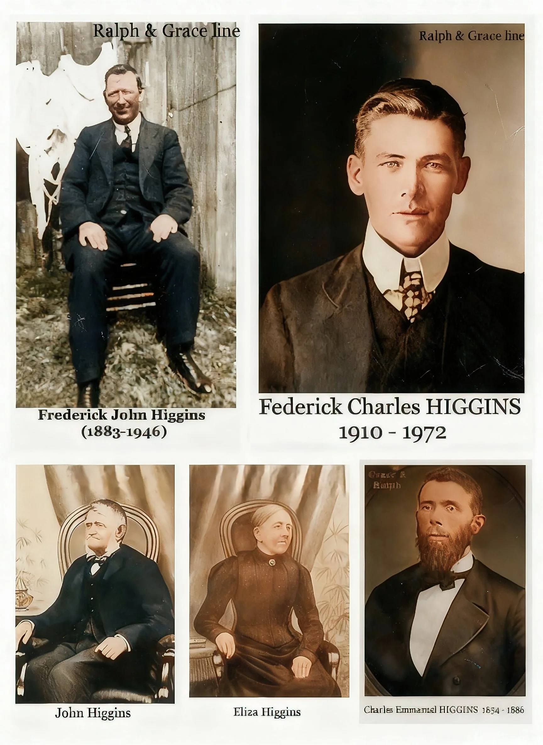 Ralph & Grace
Charlotte Cox married Charles Emmanuel HIGGINS in 1878 in Windsor, Nsw son of John HIGGINS and Eliza ECOTT. Charles was born on 28 Jul 1854 in Lower Hawkesbury, Nsw. Baptised C/E Parish of St Albans. Charles farmed on the Pitt Town Bott