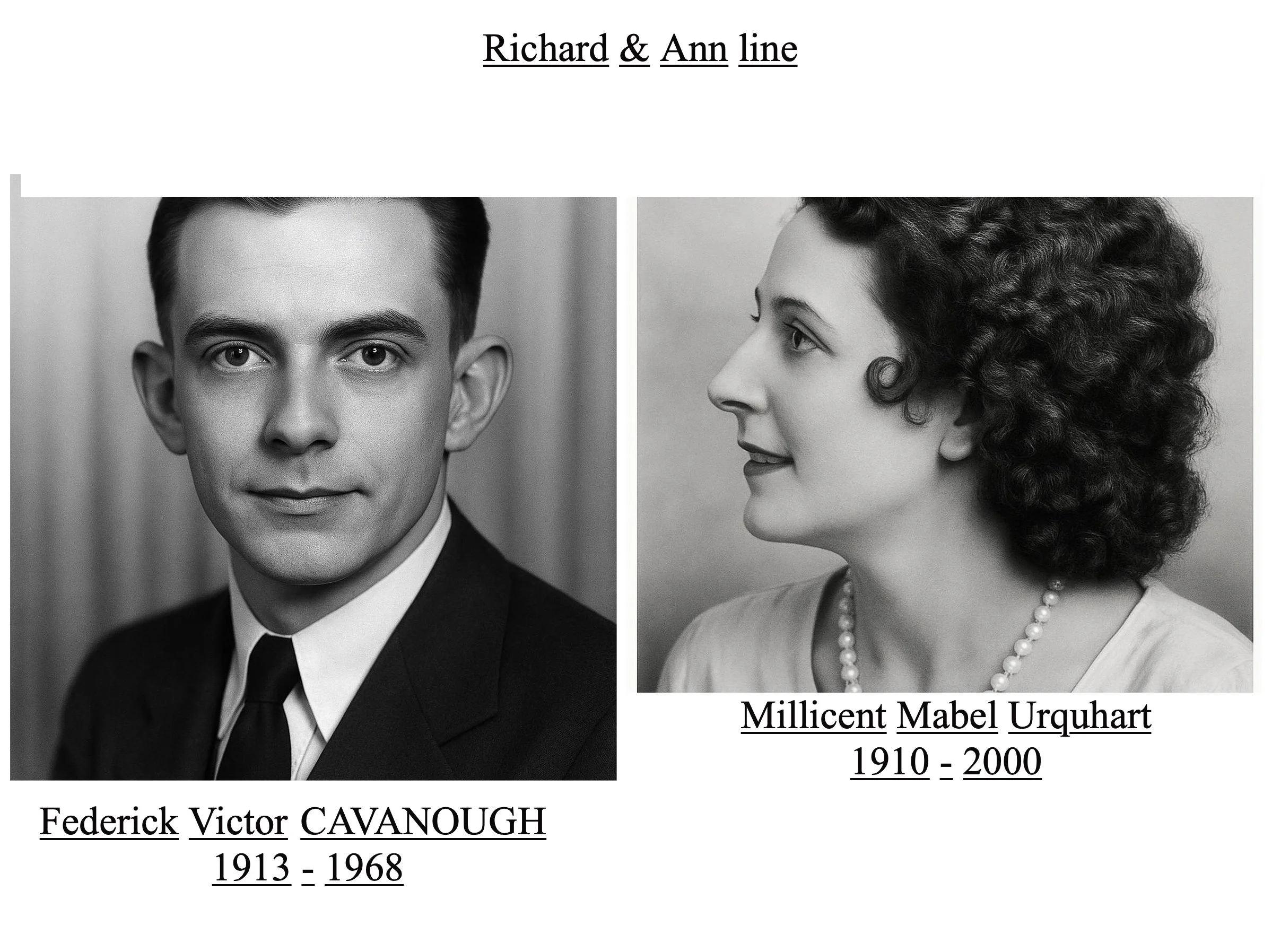 Richard Cavanough & Anne Cross line
Frederick Victor CAVANOUGH was born on 24 May 1913 in Paddington, Sydney, Nsw, died on 11 Aug 1968 in Berowra, Nsw at age 55. Cremated Northern Suburbs on 14 Aug 1968. Frederick married i) Millicent Mabel URQUHART 