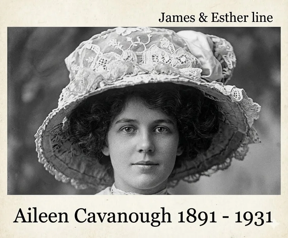 -Aileen CAVANOUGH was born on 24 Nov 1891 in St George, Qld, and died on 22 Sep 1931 in Burwwod, Nsw at age 39. Aileen married Harold John NOBLE, the son of John NOBLE and Jemima LEWIS, on 24 Sep 1913 in Toowoomba, Qld. Harold was born on 11 Oct 1888