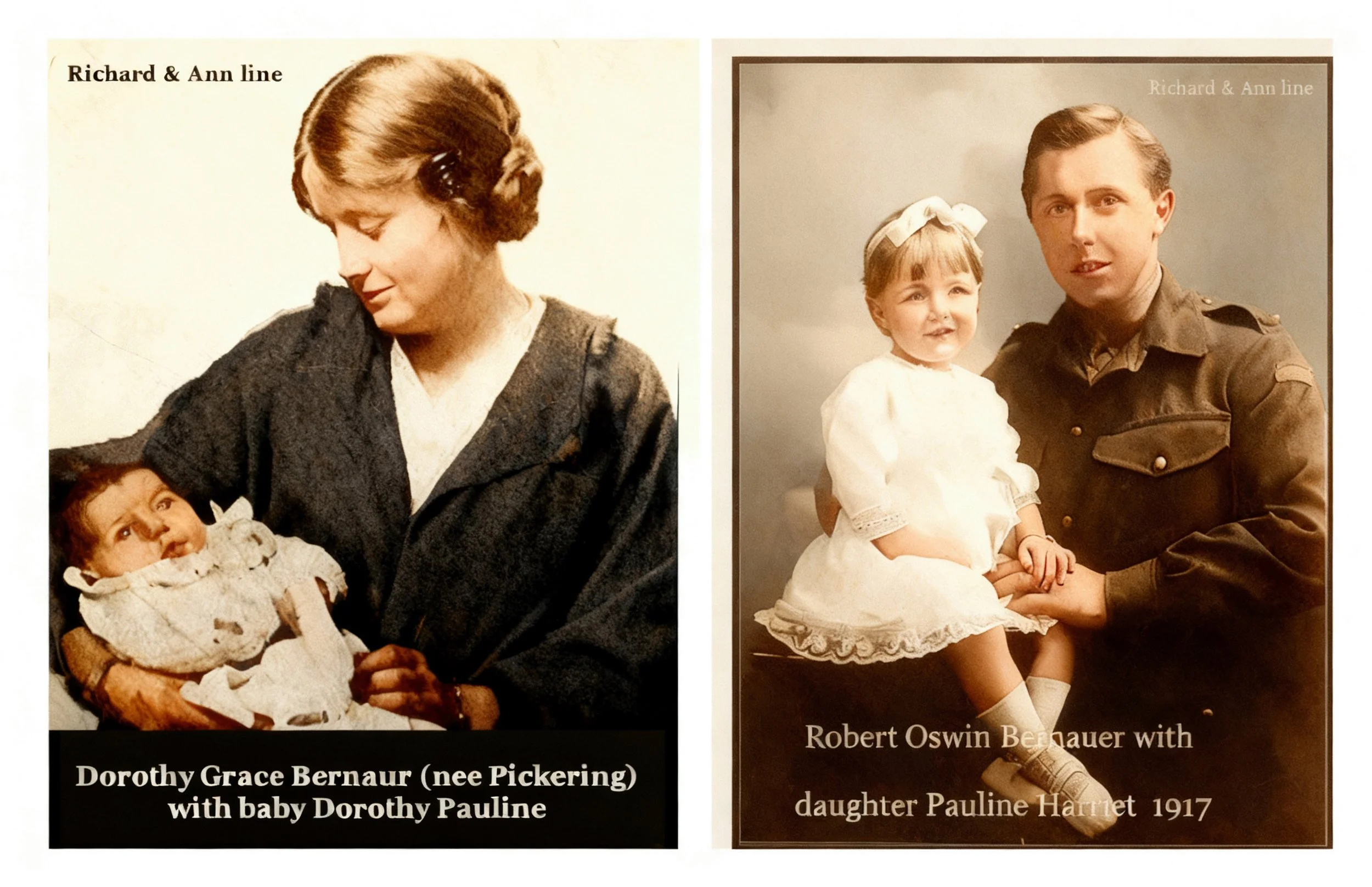 Richard Cavanough & Anne Cross line .
Dorothy Grace PICKERING was born on 23 Oct 1897 in Boyanup, W.A. and died in 1941 in Sydney, Nsw at age 44.
Dorothy married i) Robert Oswin BERNAUER on 5 Sep 1914 in Auburn, Nsw. Robert was born on 20 Feb 1895 in