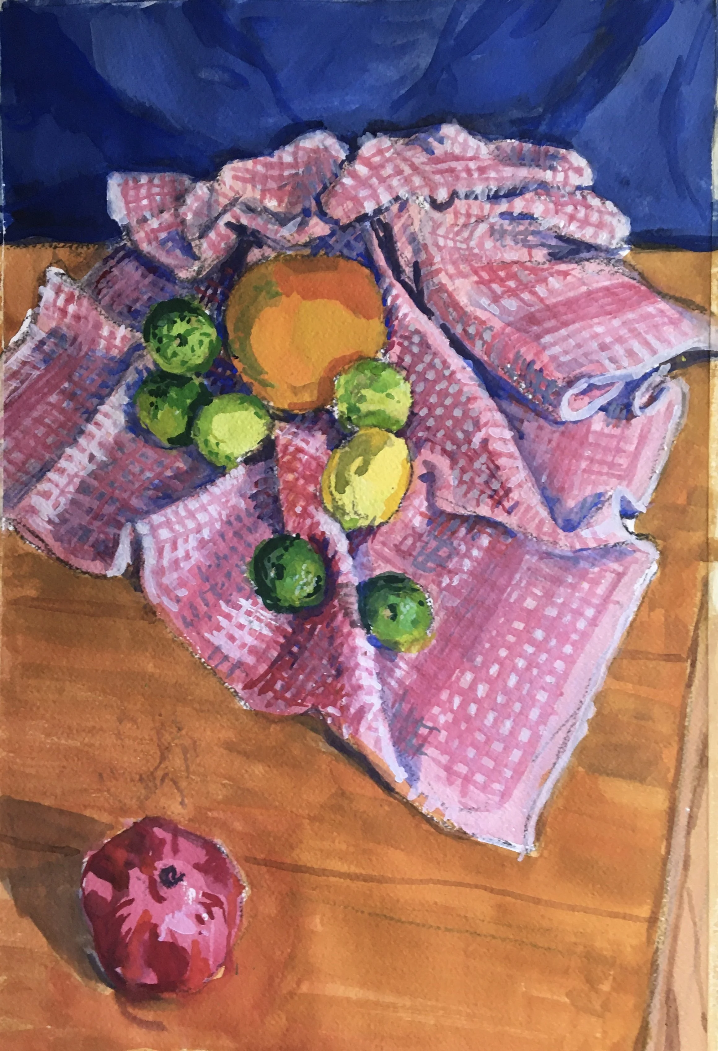 Fruit on pink tea towel