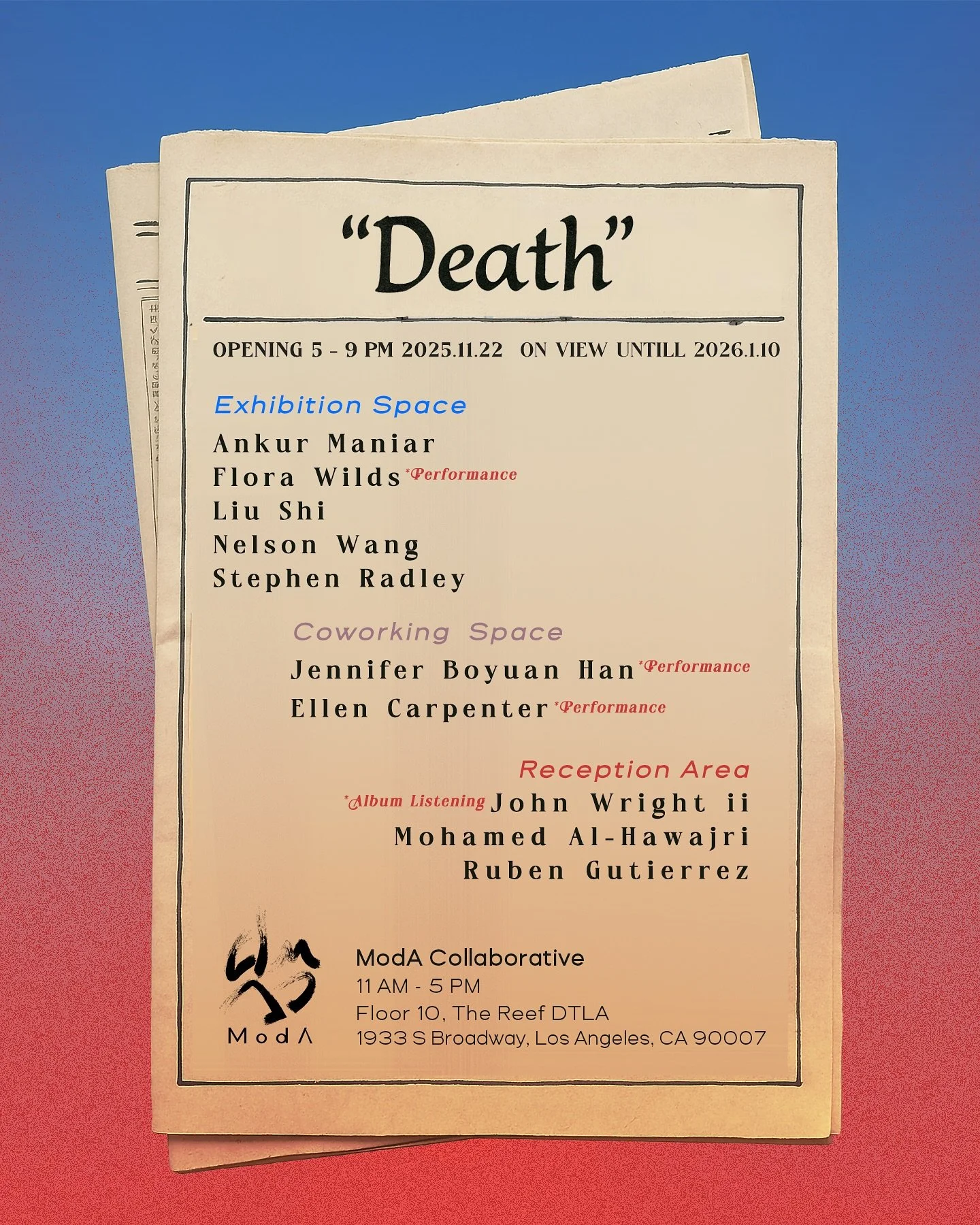 I&rsquo;m excited to announce that I will have a few paintings and a video installation in an upcoming exhibition opening this weekend @moda.curations in LA. If you&rsquo;re in the area come through!

 The Opening is Saturday Nov22 5pm-9pm

📍 ModA C