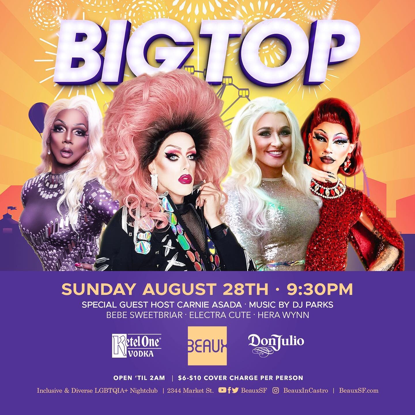 Guest host @thecarnieasada is in charge tonight along with @bebesweetbriar @codylicious @doinherawynn only at @bigtopsundays #beaux #beauxsf #beauxincastro