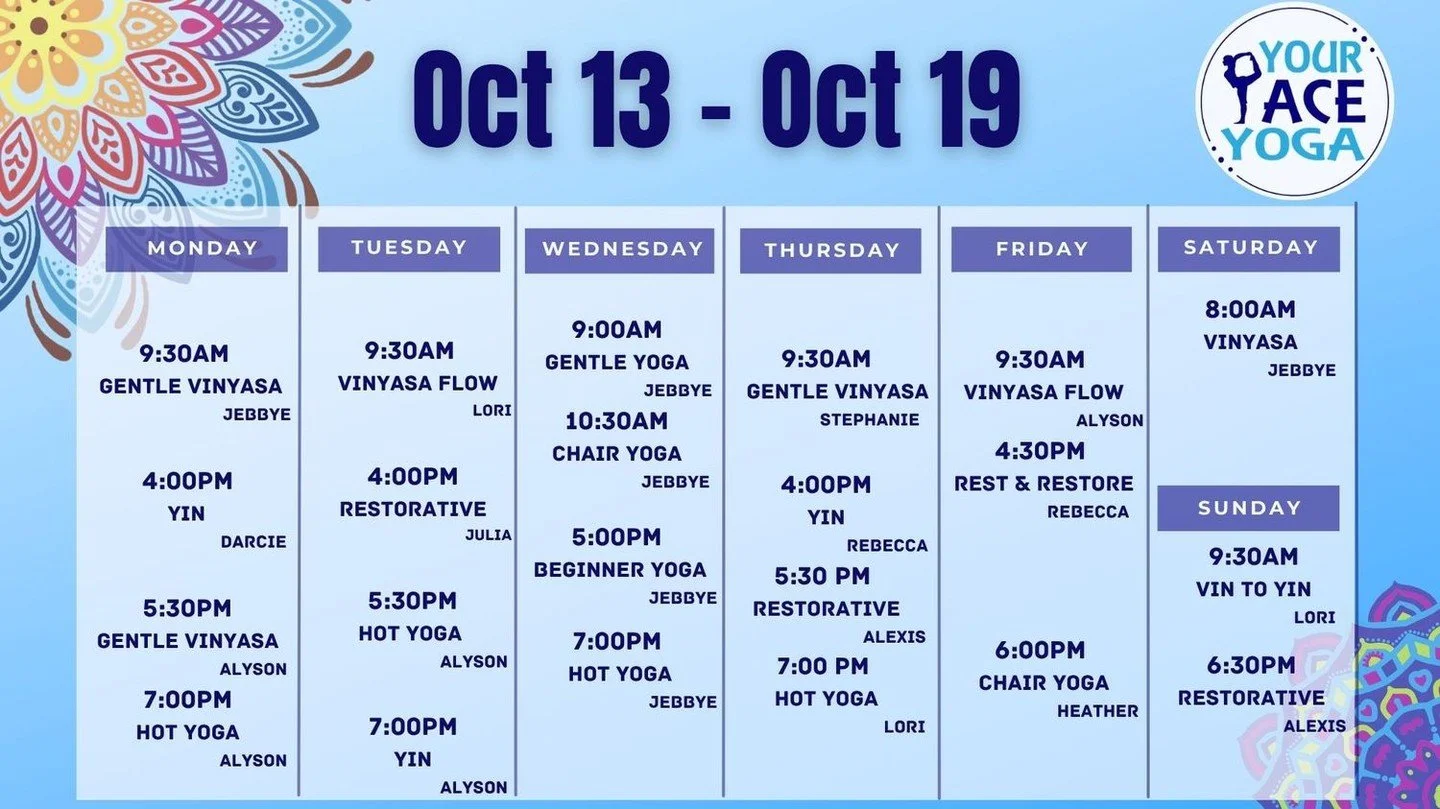 ✨ This Week’s Yoga Schedule ✨
Find your flow, breathe, and reset with us this week! 
We have a new Restorative class on Tuesdays at 4:00 pm with Julia!