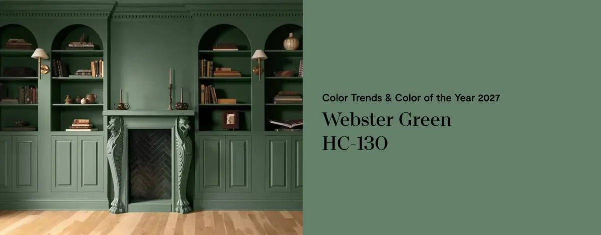 Image announcing Webster Green HC-130 as the COTY 2027 in a color-drenched living room